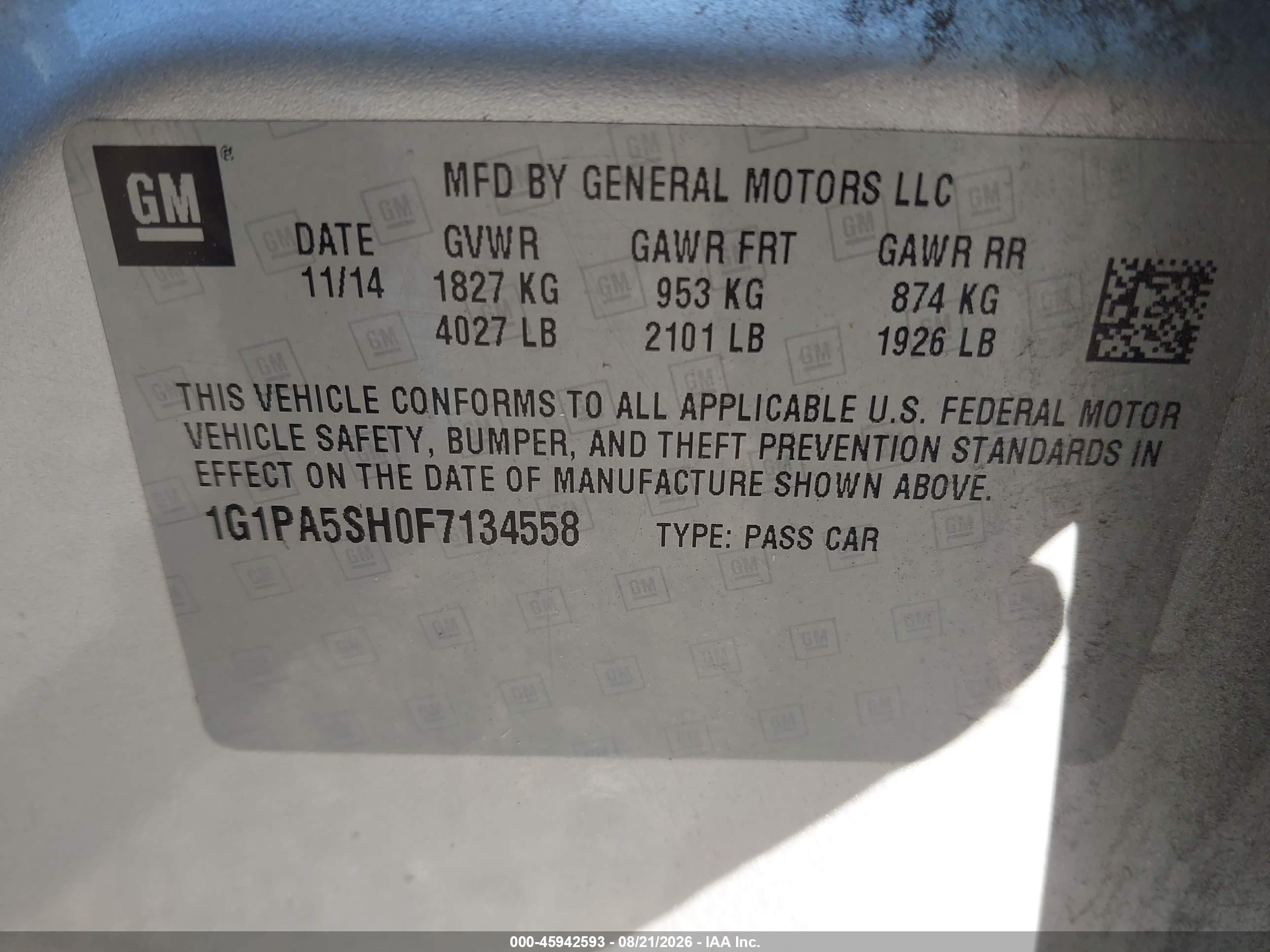 2015 Chevrolet Cruze Ls Auto Silver vin: 1G1PA5SH0F7134558