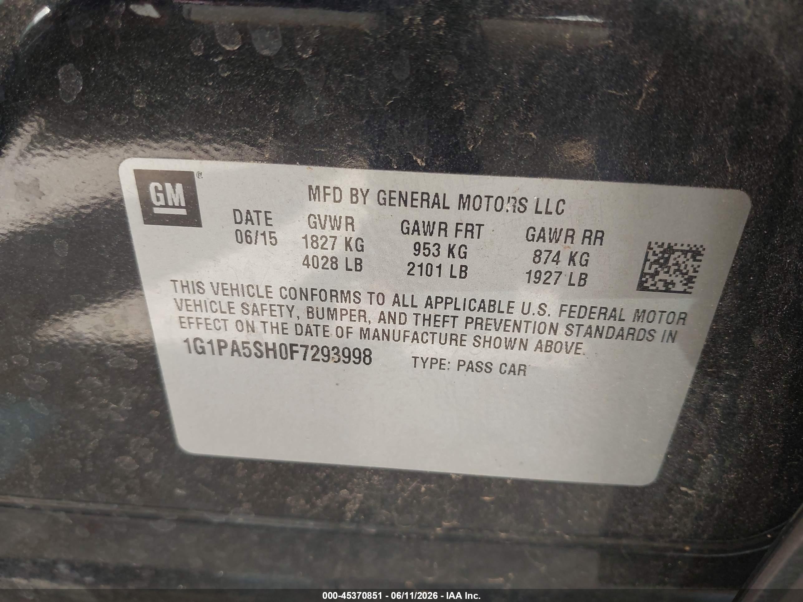 2015 Chevrolet Cruze Ls Auto Black vin: 1G1PA5SH0F7293998