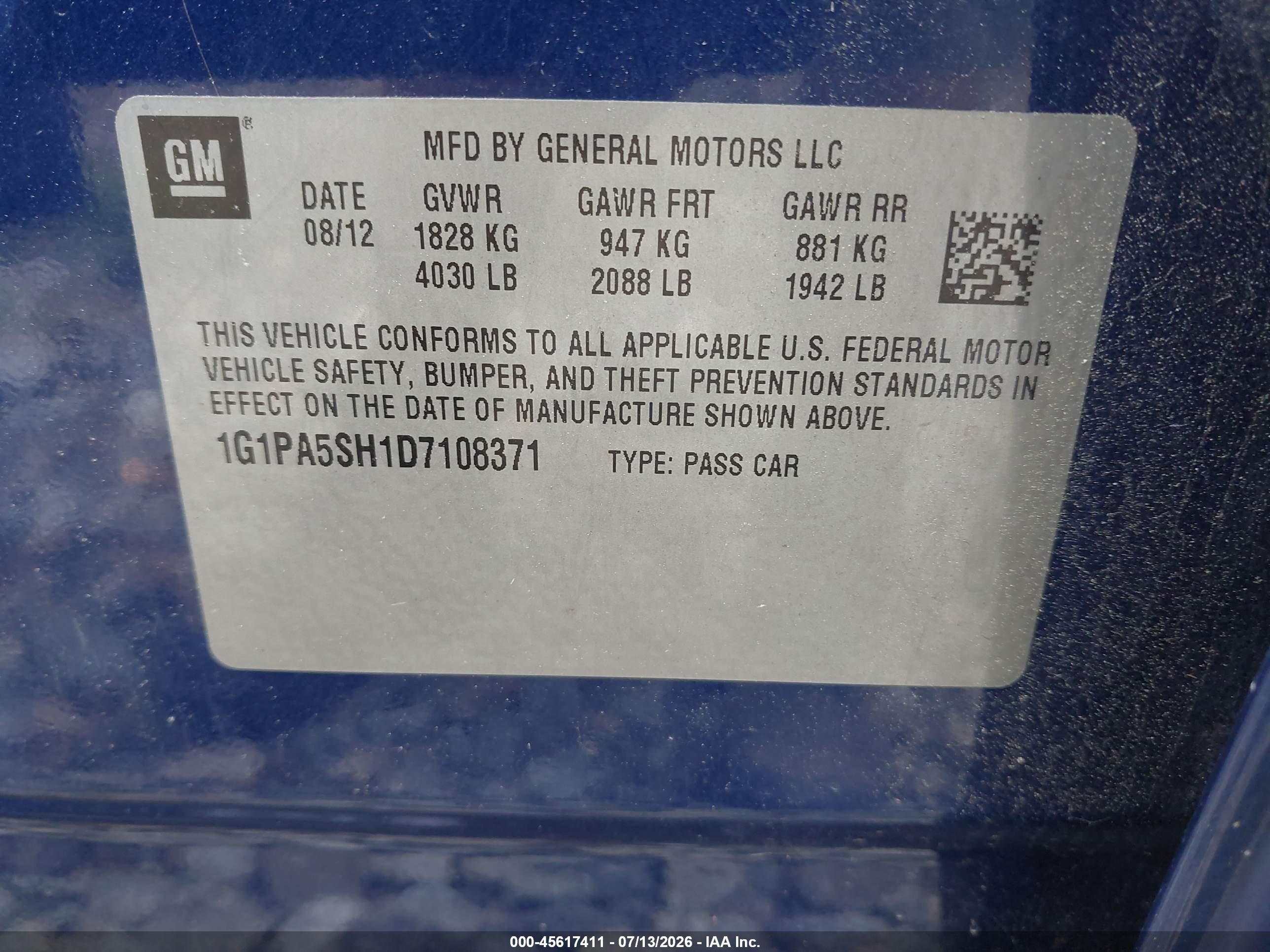 2013 Chevrolet Cruze Ls Auto Blue vin: 1G1PA5SH1D7108371