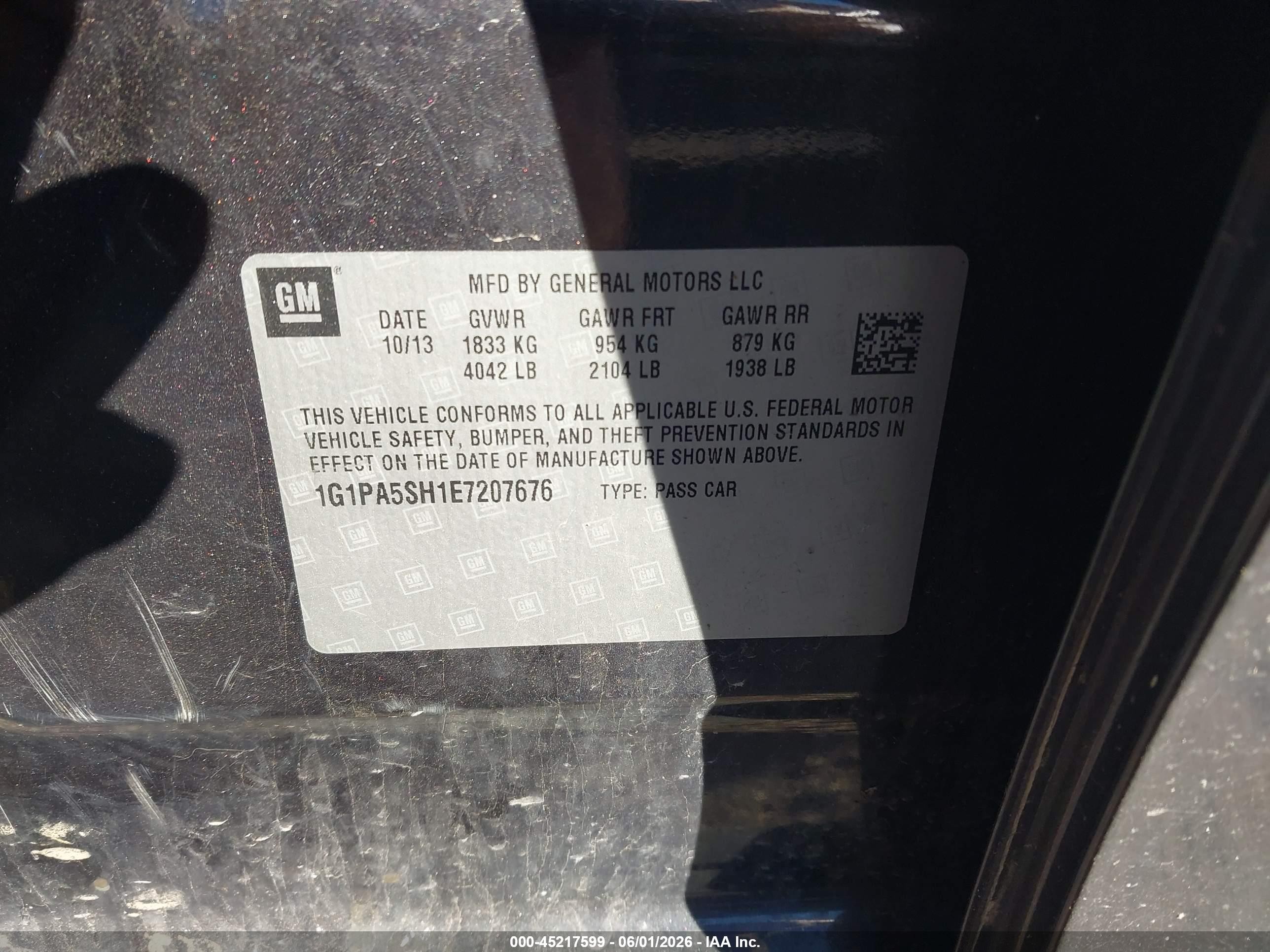 2014 Chevrolet Cruze Ls Auto Black vin: 1G1PA5SH1E7207676