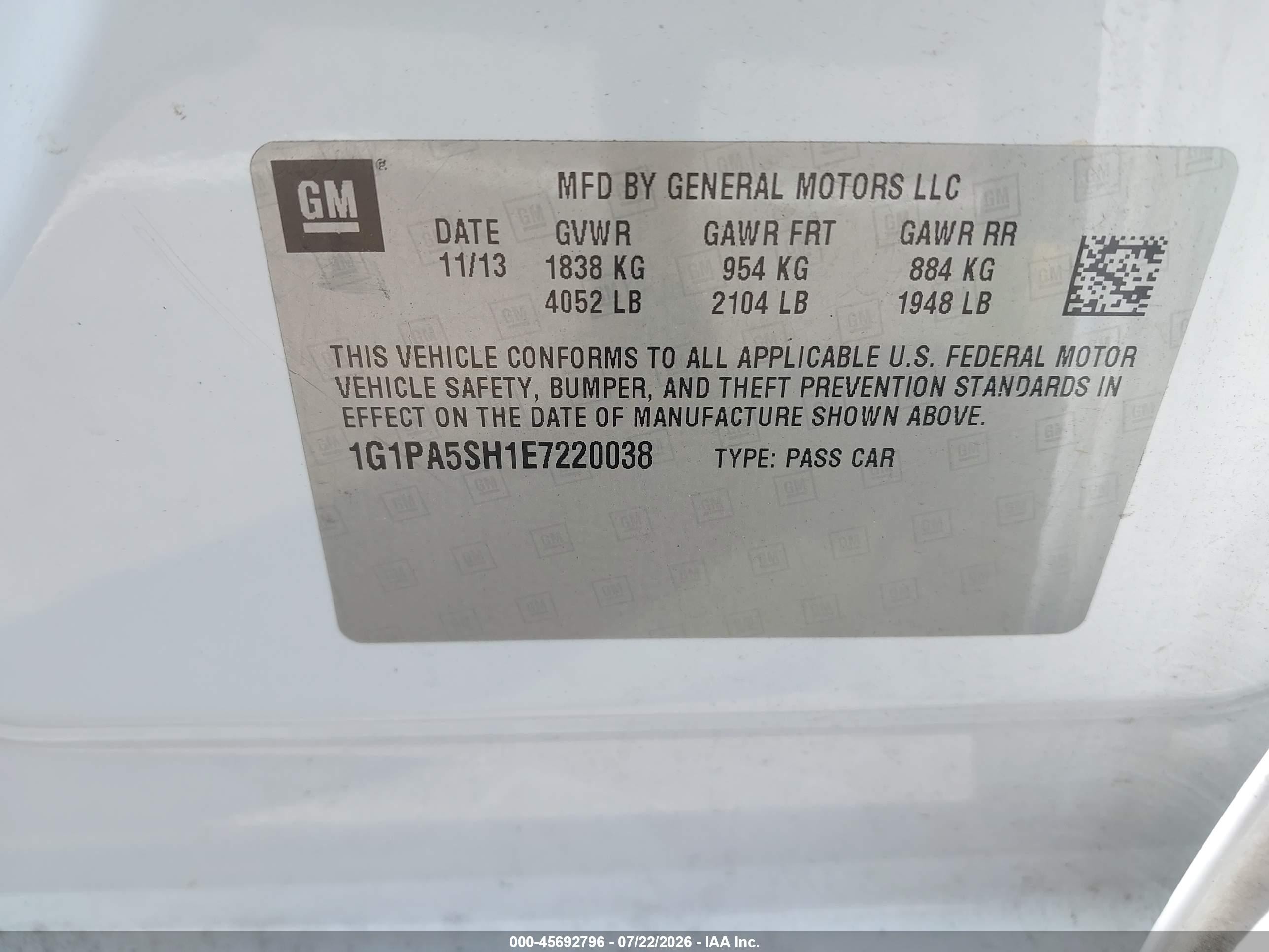 2014 Chevrolet Cruze Ls Auto White vin: 1G1PA5SH1E7220038