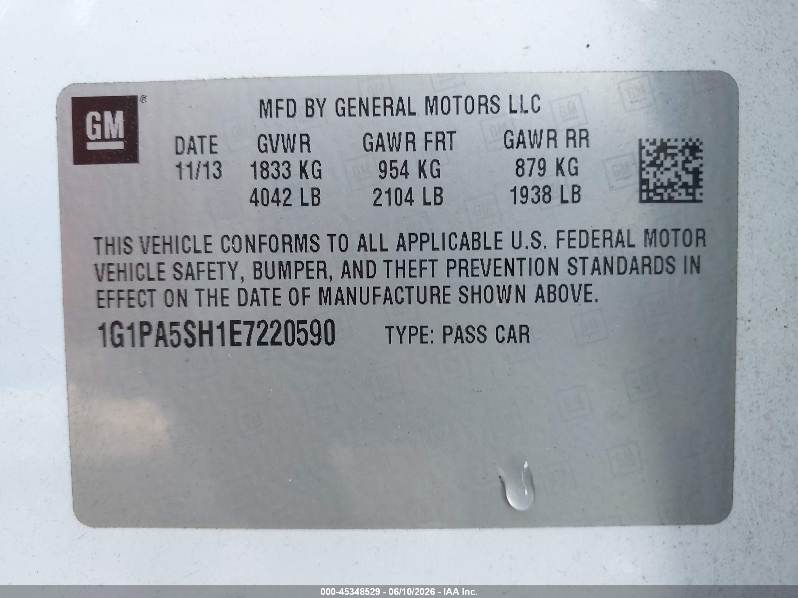 2014 Chevrolet Cruze Ls Auto White vin: 1G1PA5SH1E7220590