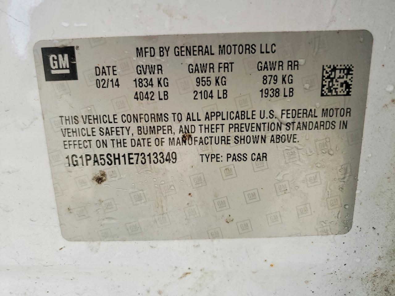 2014 Chevrolet Cruze Ls White vin: 1G1PA5SH1E7313349