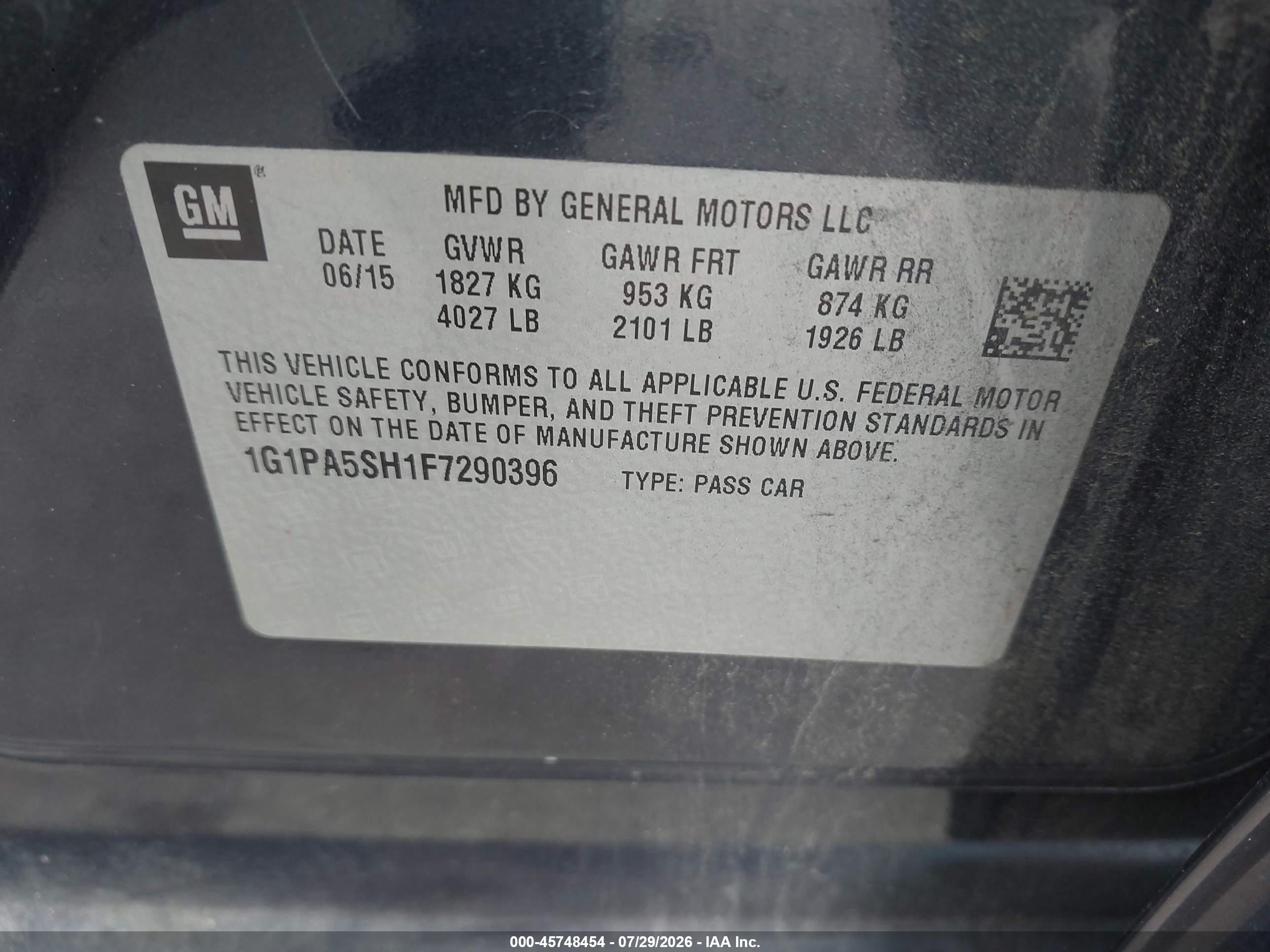 2015 Chevrolet Cruze Ls Auto Blue vin: 1G1PA5SH1F7290396