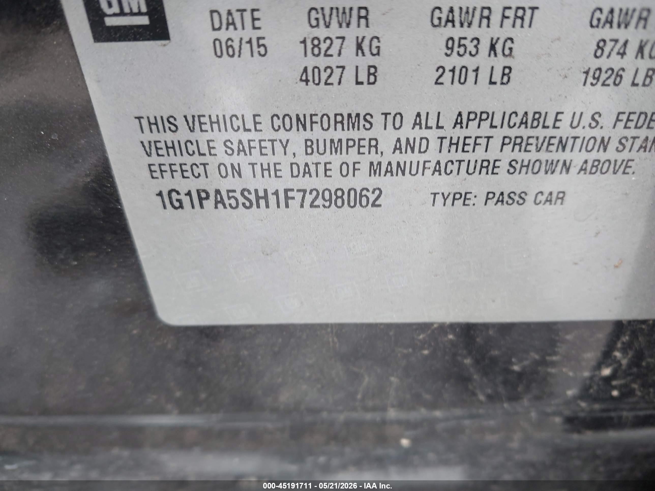 2015 Chevrolet Cruze Ls Auto Black vin: 1G1PA5SH1F7298062