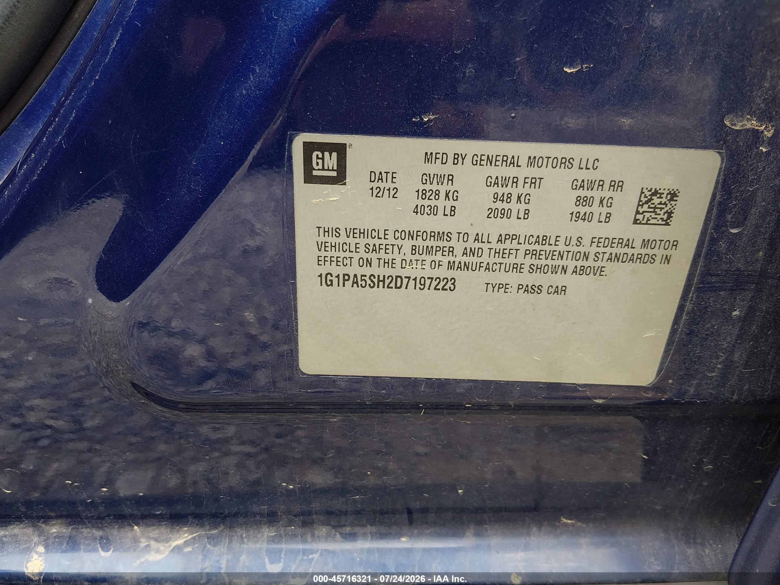 2013 Chevrolet Cruze Ls Auto Blue vin: 1G1PA5SH2D7197223