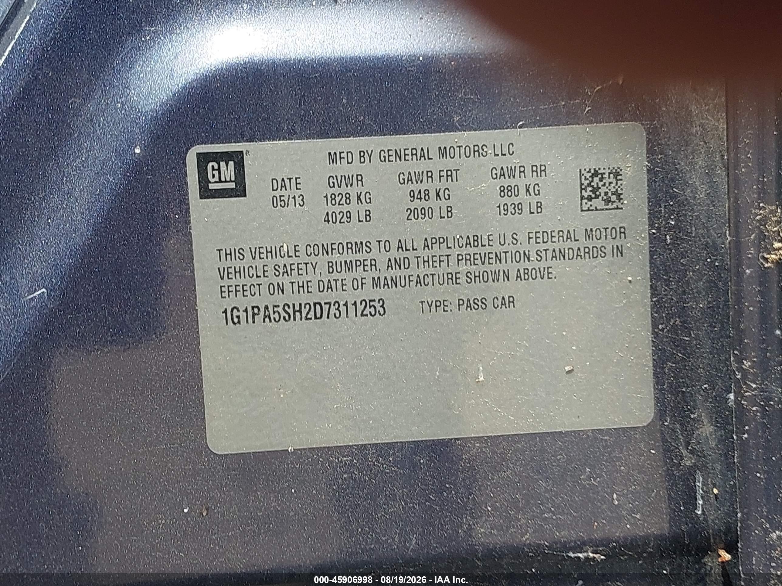 2013 Chevrolet Cruze Ls Auto Blue vin: 1G1PA5SH2D7311253