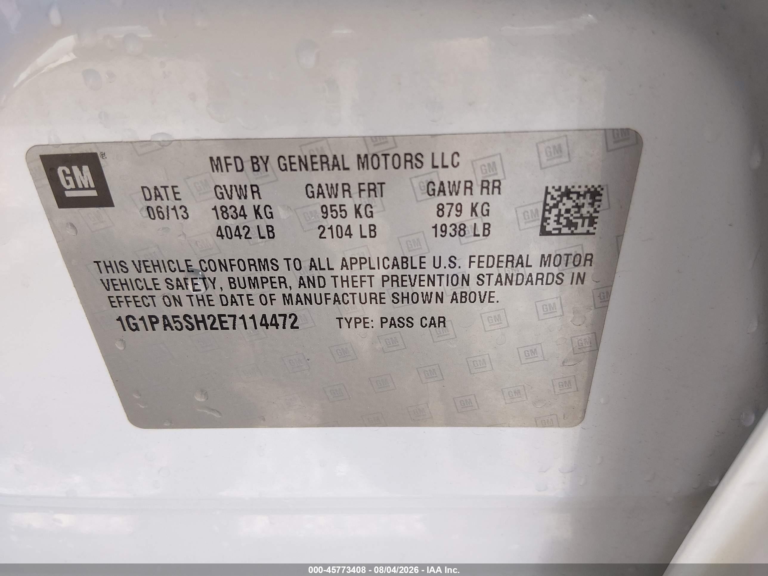 2014 Chevrolet Cruze Ls Auto Белый vin: 1G1PA5SH2E7114472