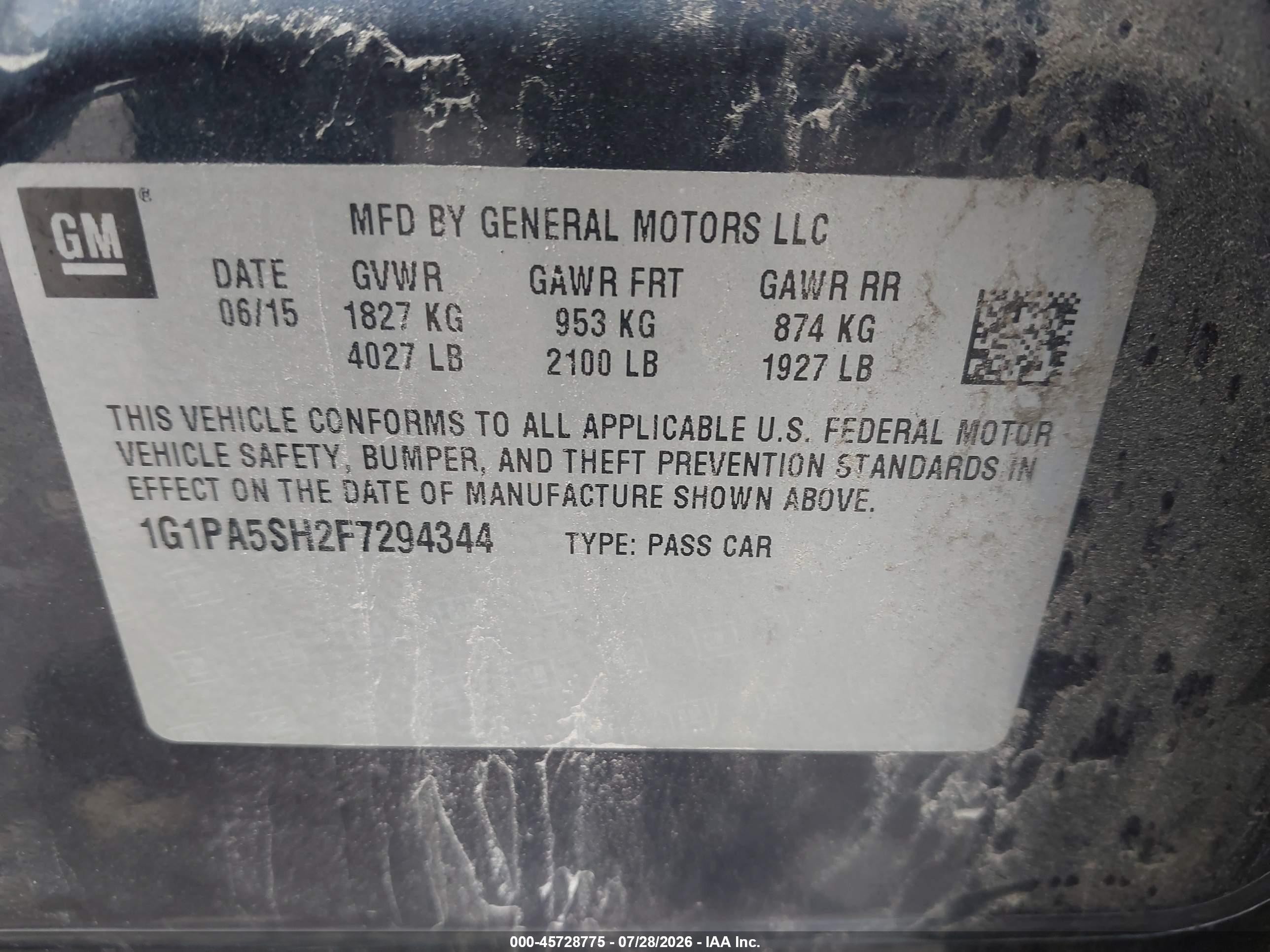 2015 Chevrolet Cruze Ls Auto Blue vin: 1G1PA5SH2F7294344