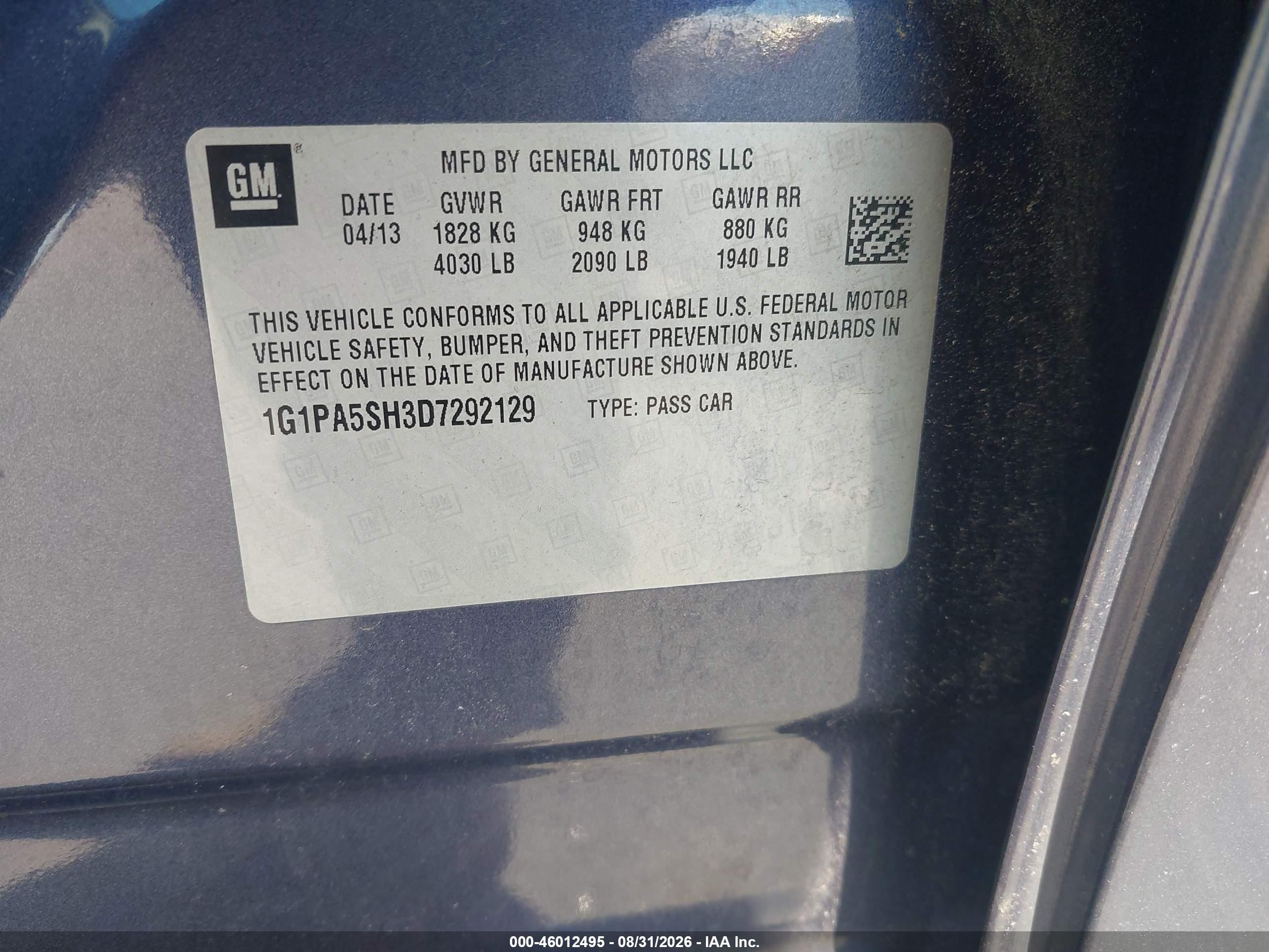 2013 Chevrolet Cruze Ls Auto Blue vin: 1G1PA5SH3D7292129