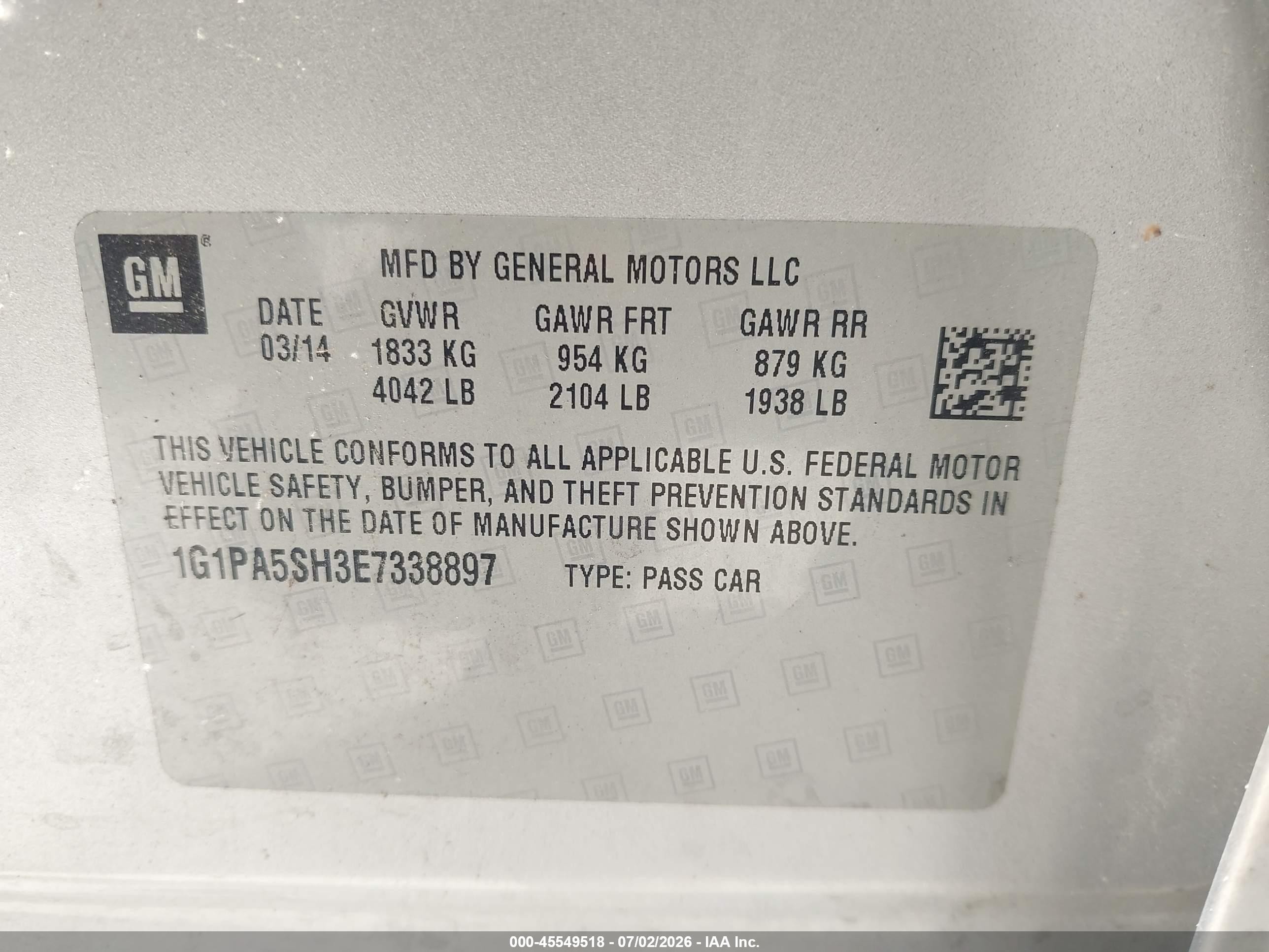 2014 Chevrolet Cruze Ls Auto Silver vin: 1G1PA5SH3E7338897