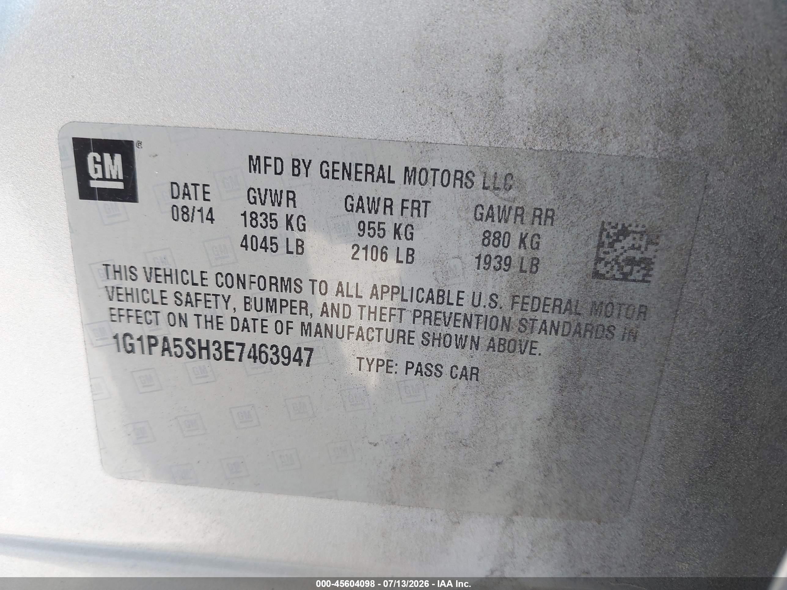 2014 Chevrolet Cruze Ls Auto Silver vin: 1G1PA5SH3E7463947