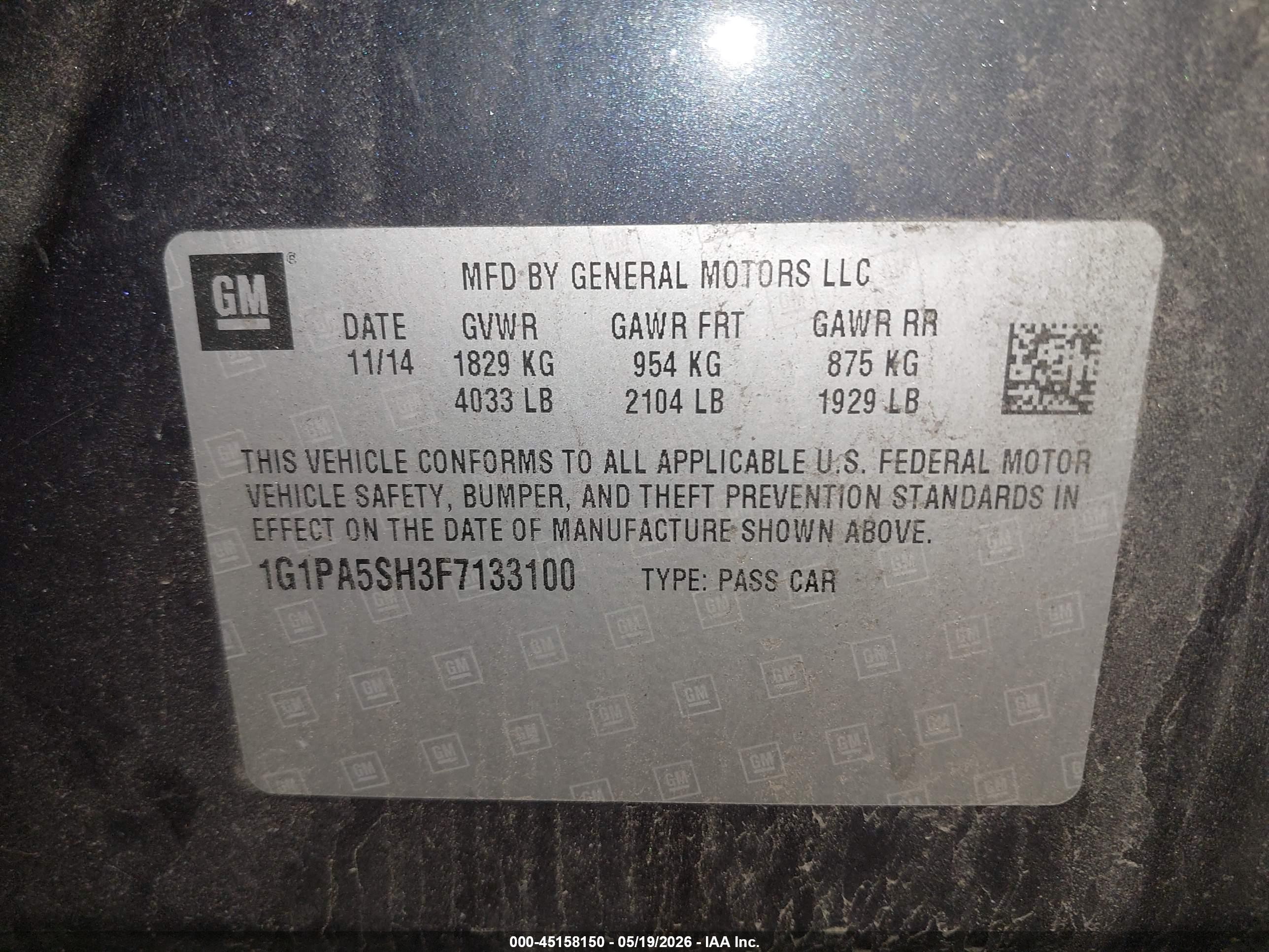 2015 Chevrolet Cruze Ls Auto Dark Blue vin: 1G1PA5SH3F7133100