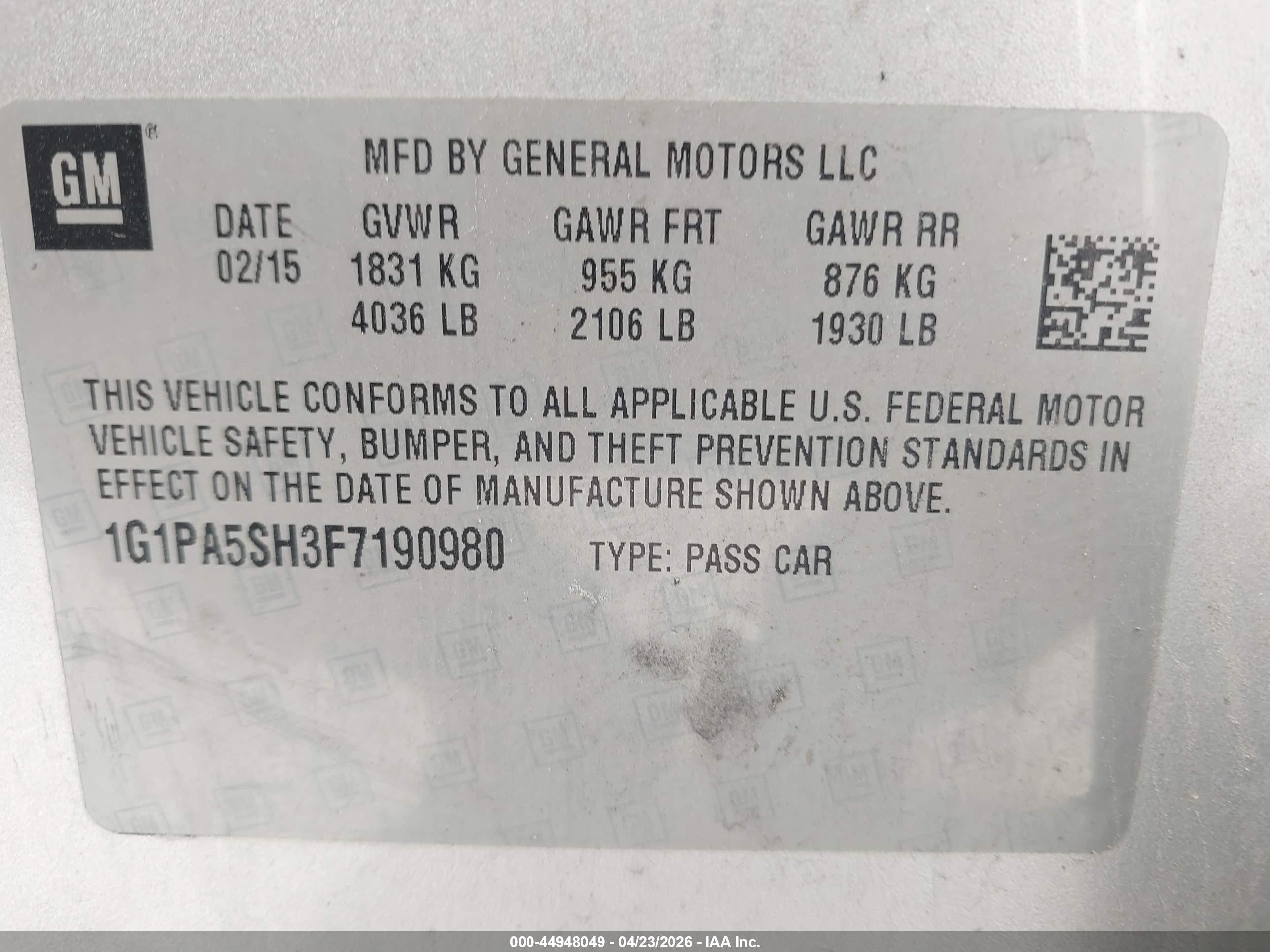 2015 Chevrolet Cruze Ls Auto Silver vin: 1G1PA5SH3F7190980