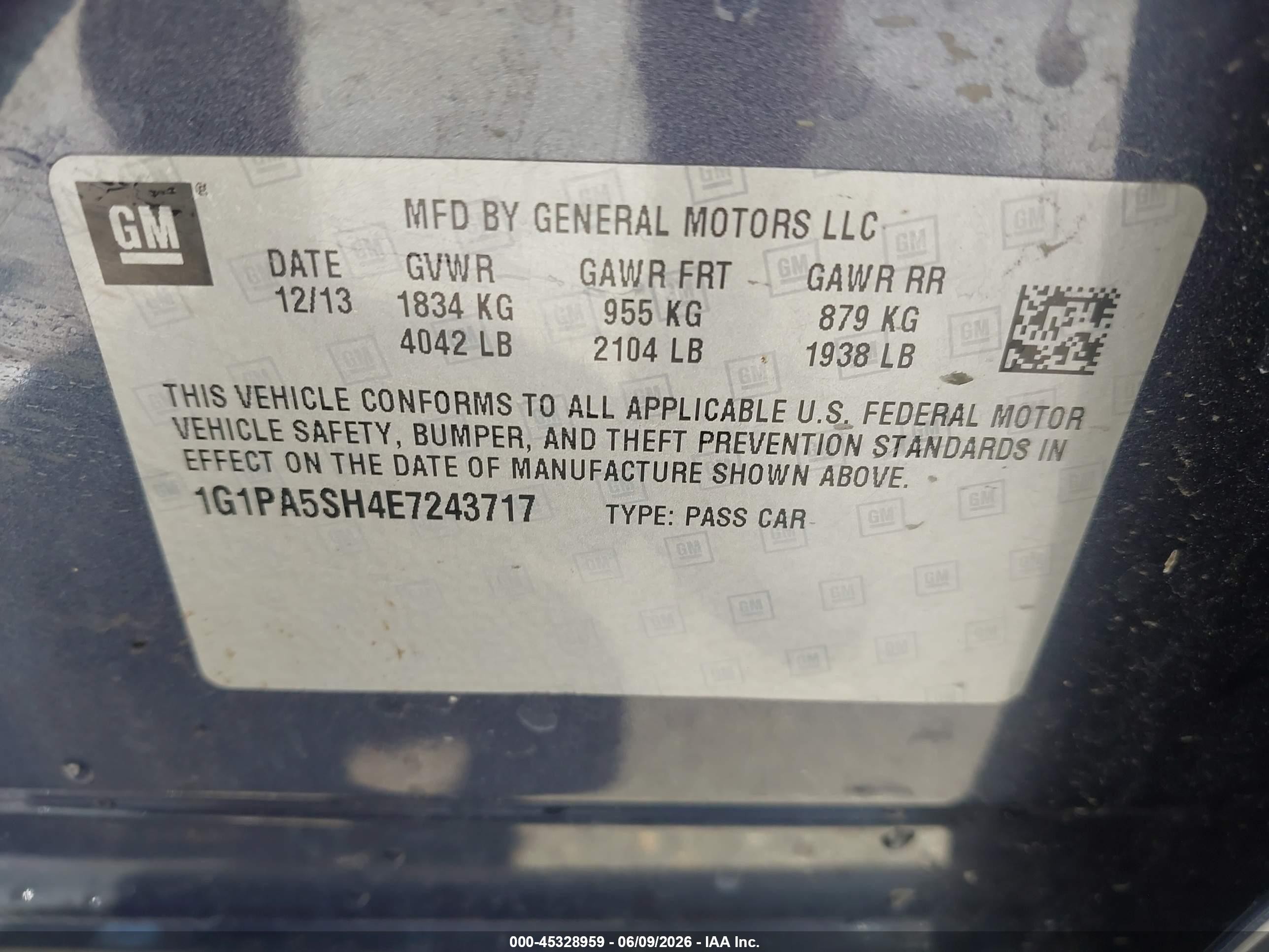 2014 Chevrolet Cruze Ls Auto Blue vin: 1G1PA5SH4E7243717