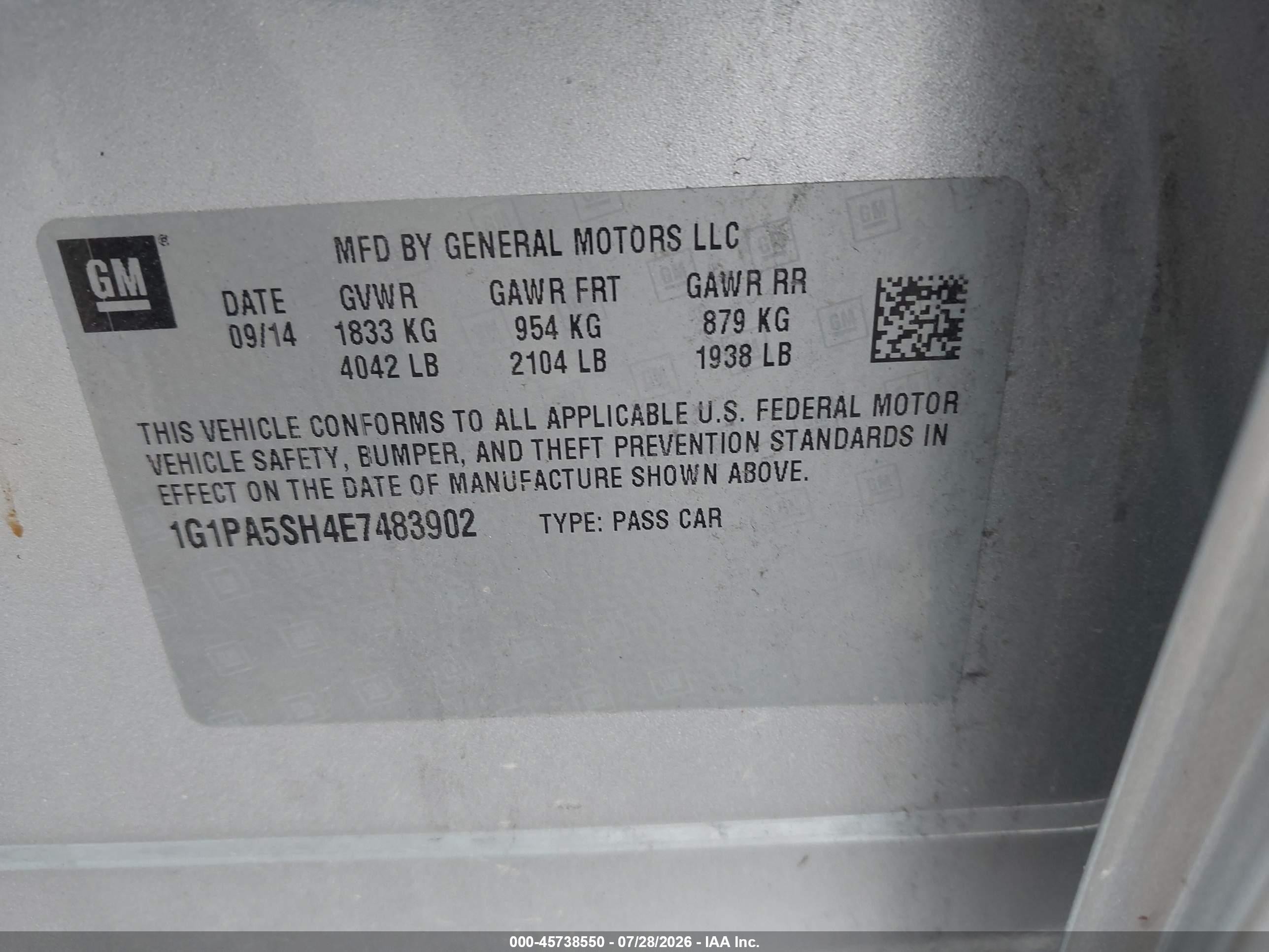 2014 Chevrolet Cruze Ls Auto Серебряный vin: 1G1PA5SH4E7483902