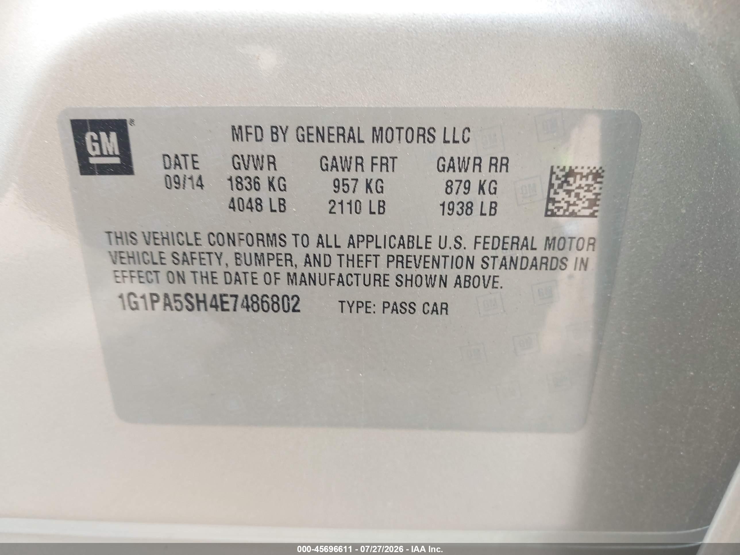 2014 Chevrolet Cruze Ls Auto Silver vin: 1G1PA5SH4E7486802