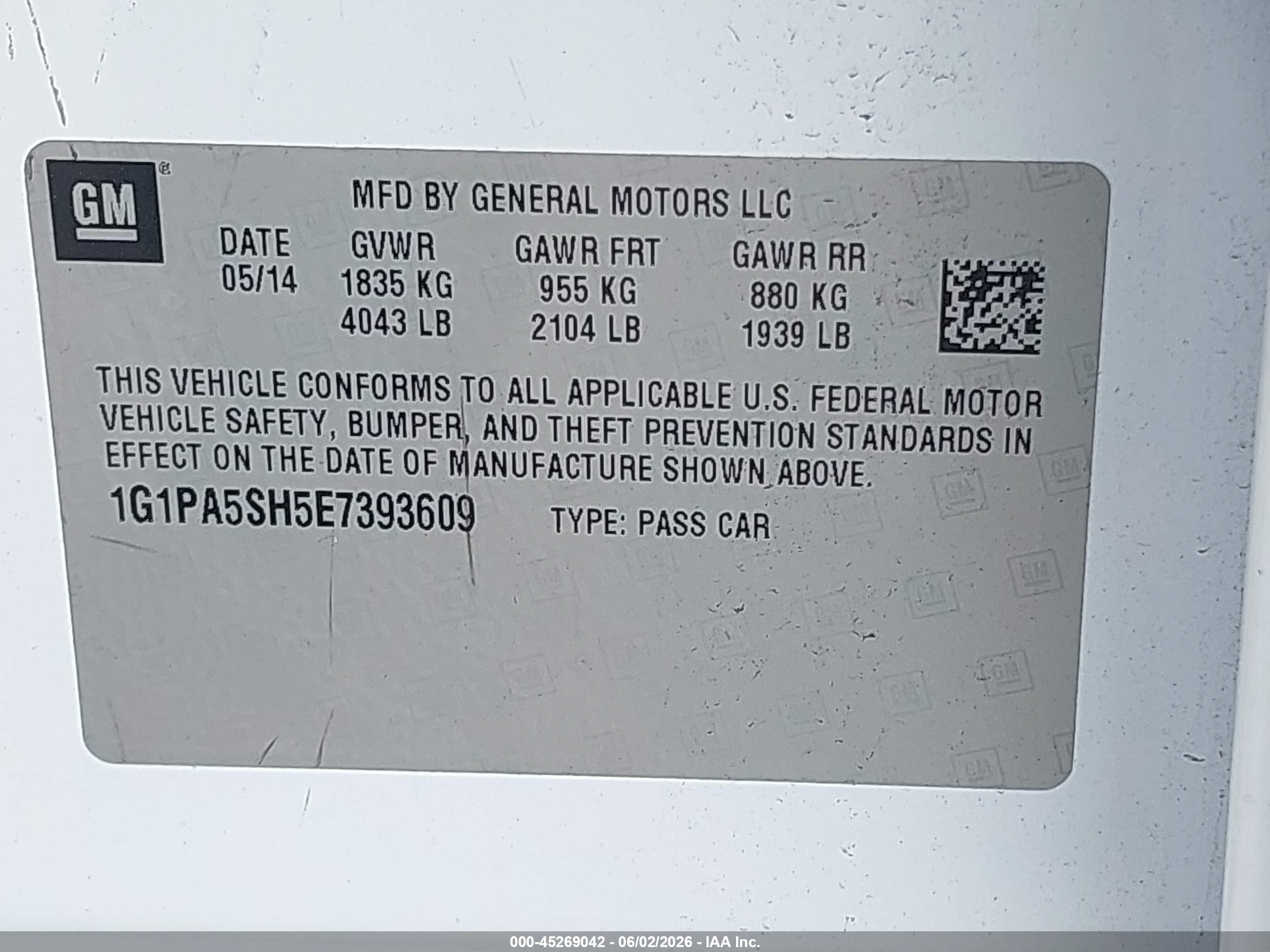 2014 Chevrolet Cruze Ls Auto White vin: 1G1PA5SH5E7393609