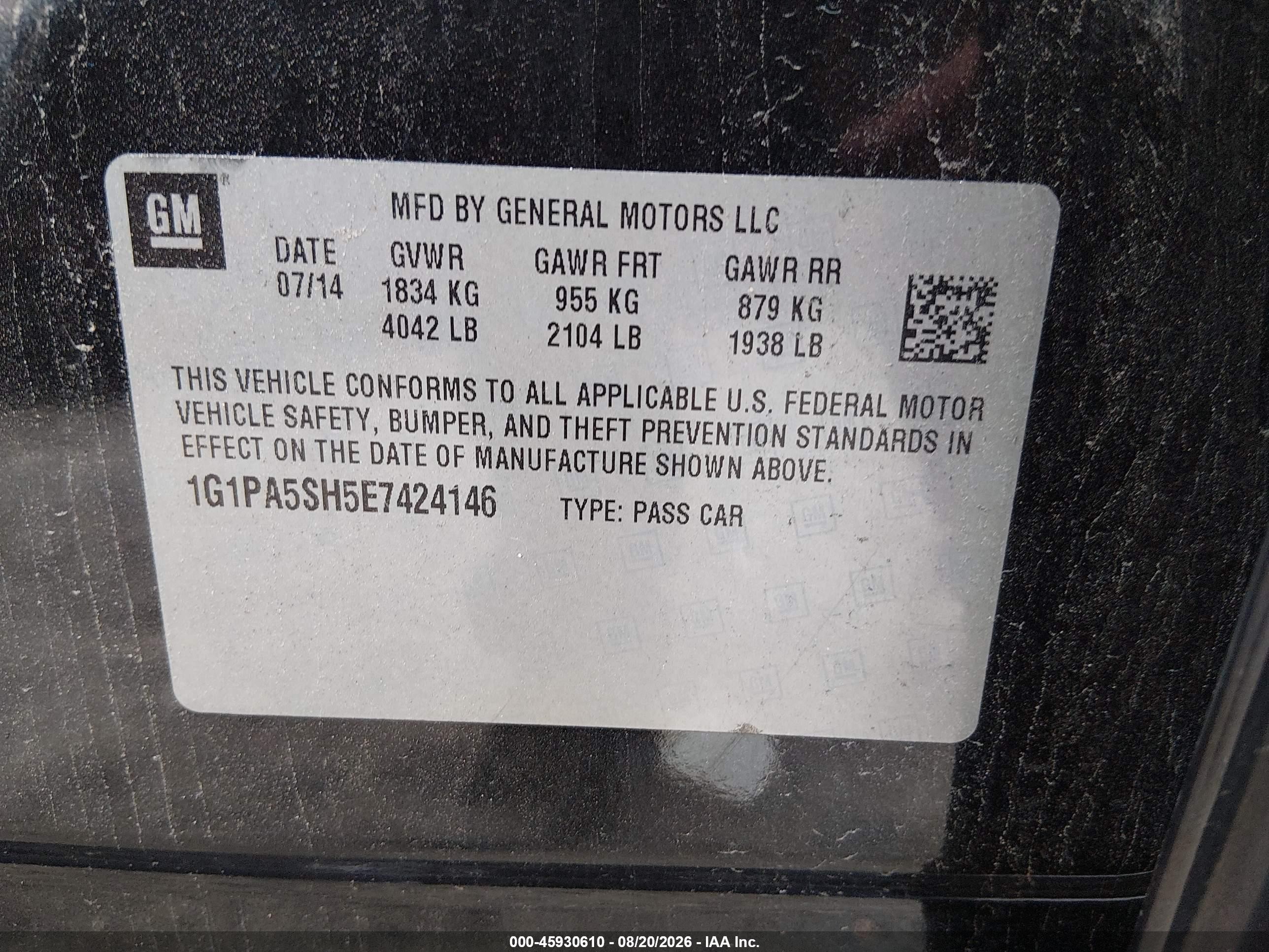 2014 Chevrolet Cruze Ls Auto Black vin: 1G1PA5SH5E7424146