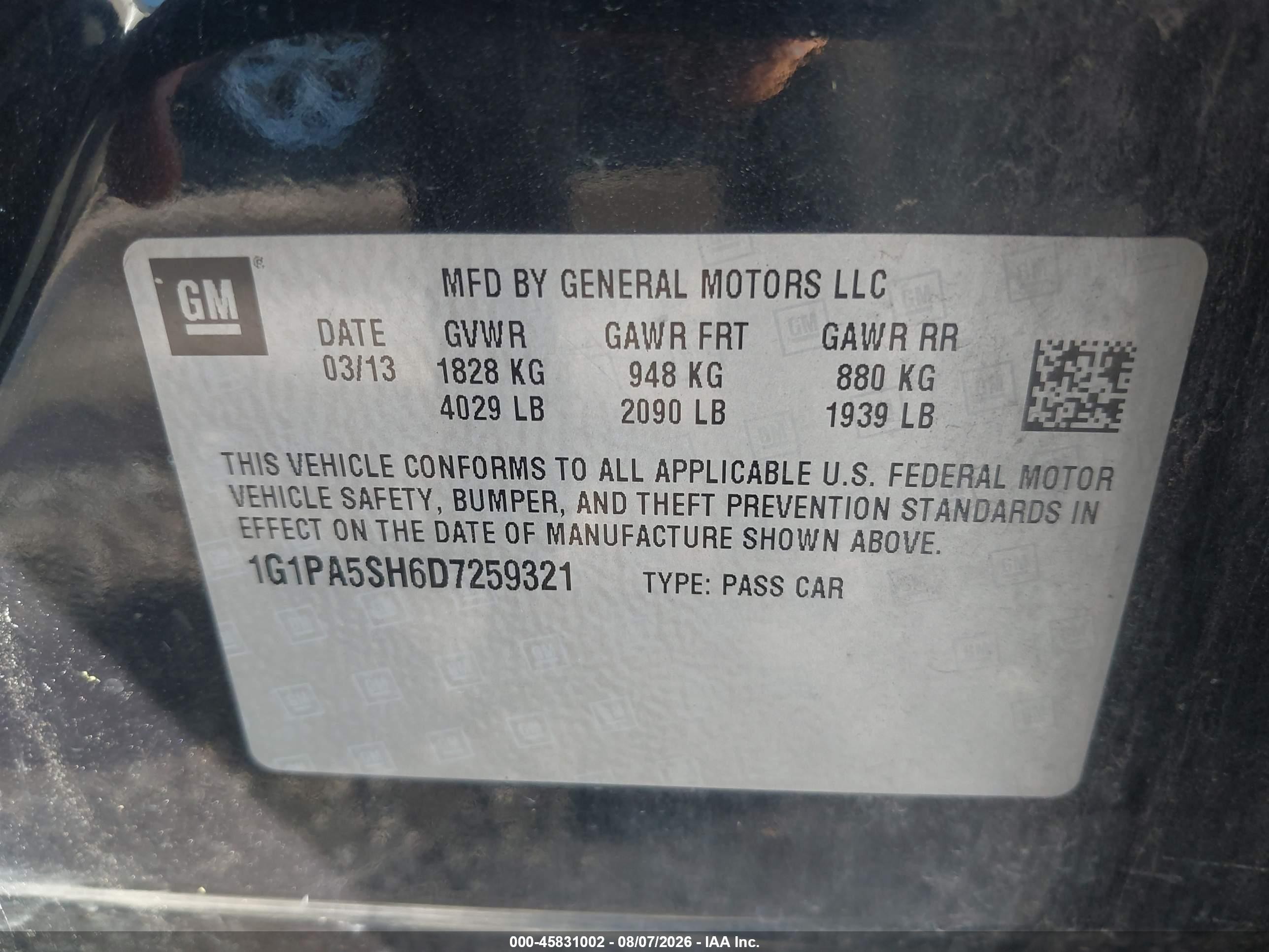 2013 Chevrolet Cruze Ls Auto Black vin: 1G1PA5SH6D7259321