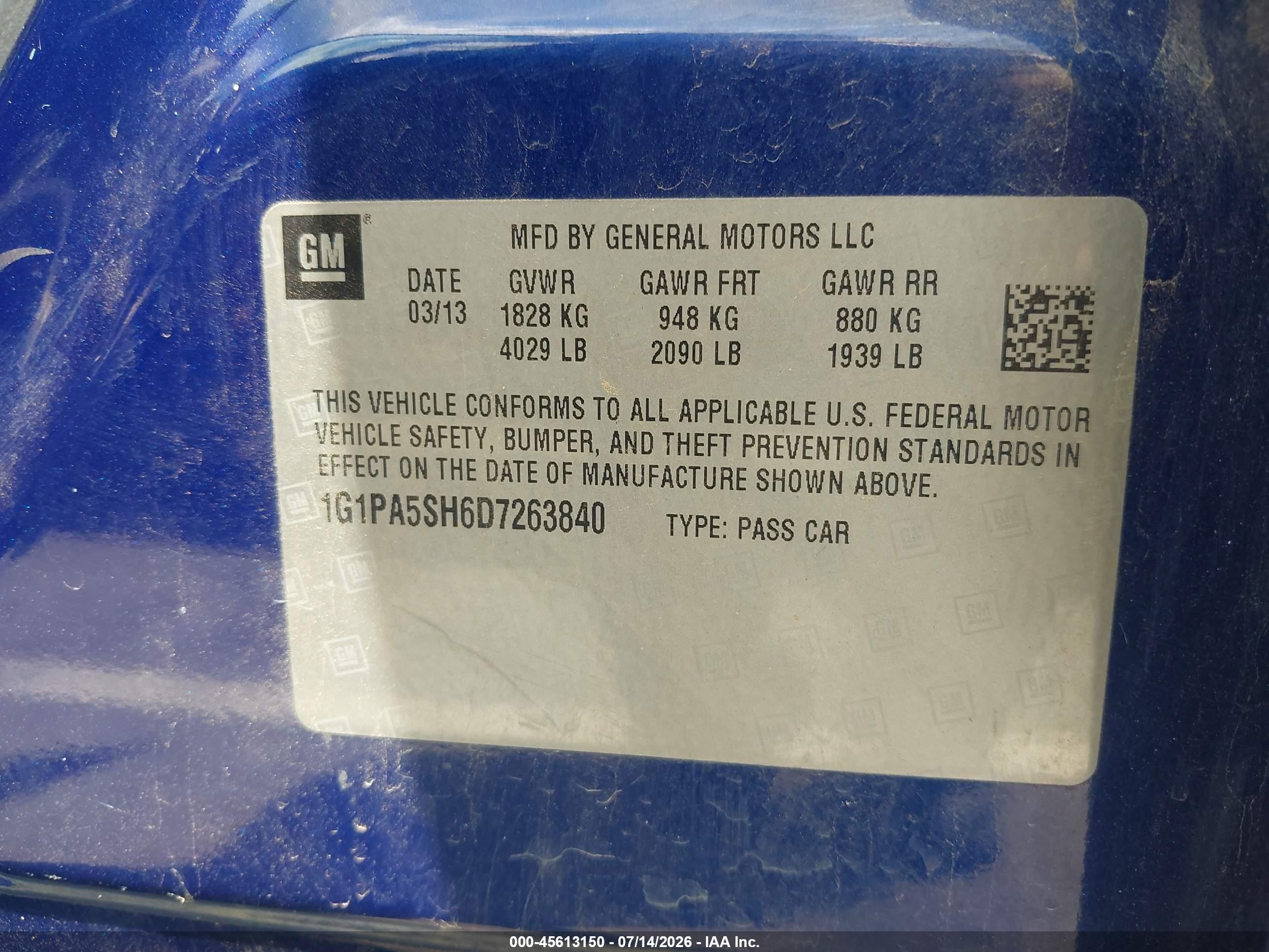 2013 Chevrolet Cruze Ls Auto Blue vin: 1G1PA5SH6D7263840