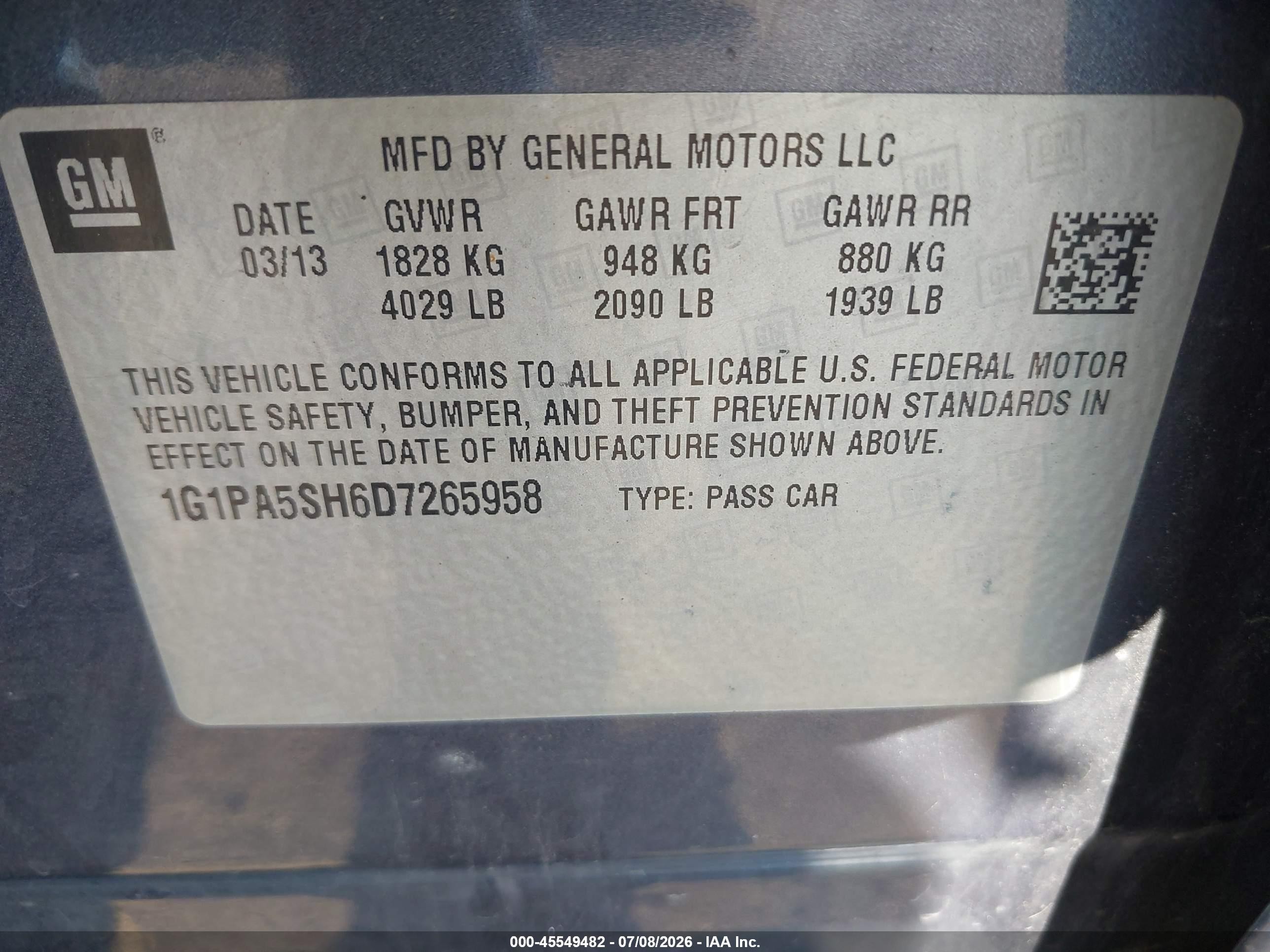 2013 Chevrolet Cruze Ls Auto Синий vin: 1G1PA5SH6D7265958