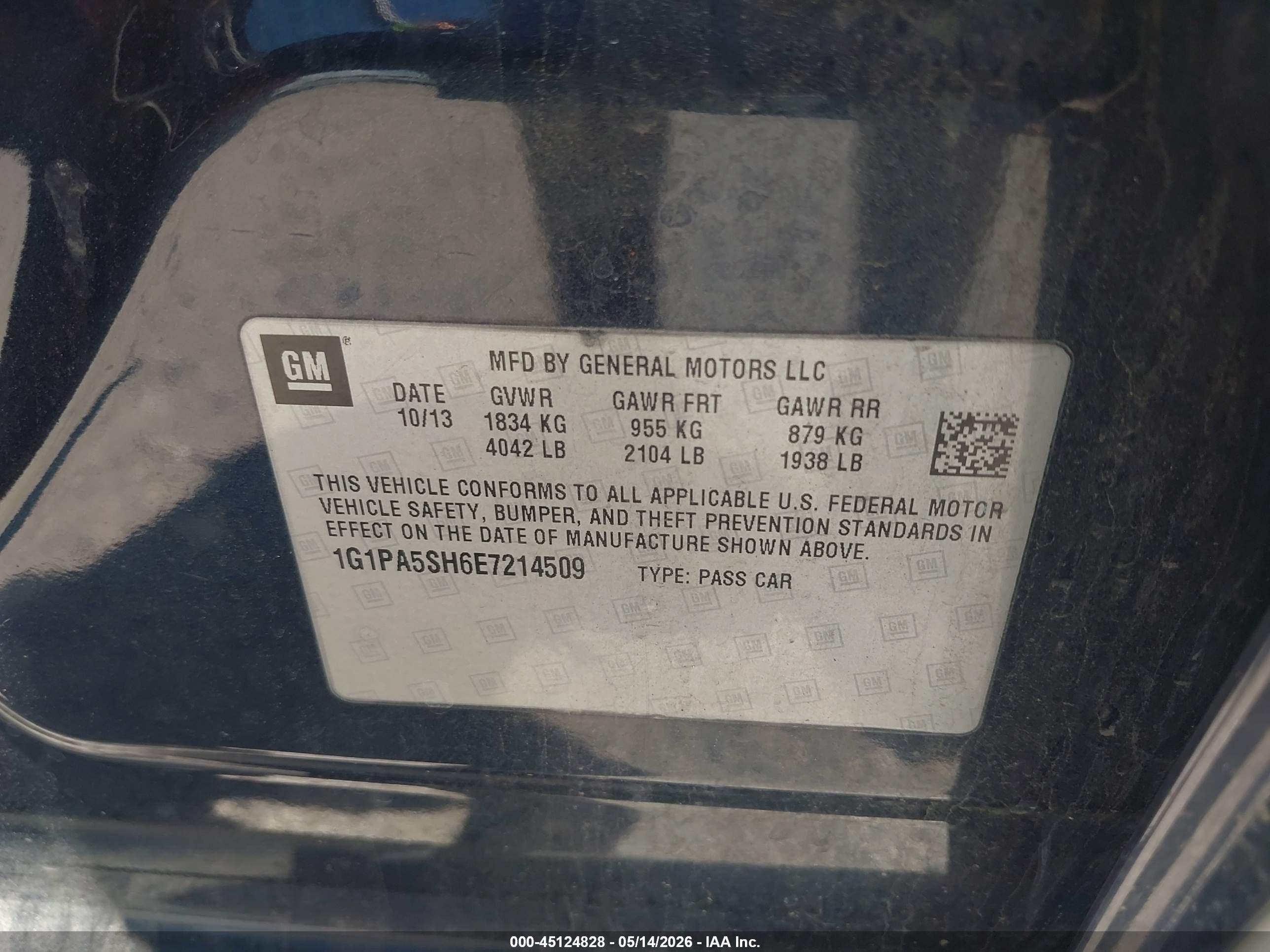 2014 Chevrolet Cruze Ls Navy vin: 1G1PA5SH6E7214509