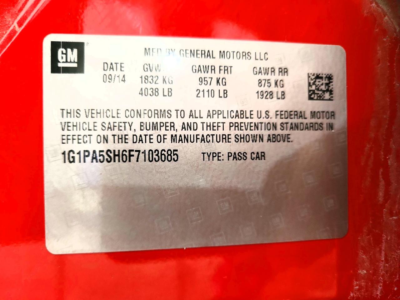 2015 Chevrolet Cruze Ls Red vin: 1G1PA5SH6F7103685
