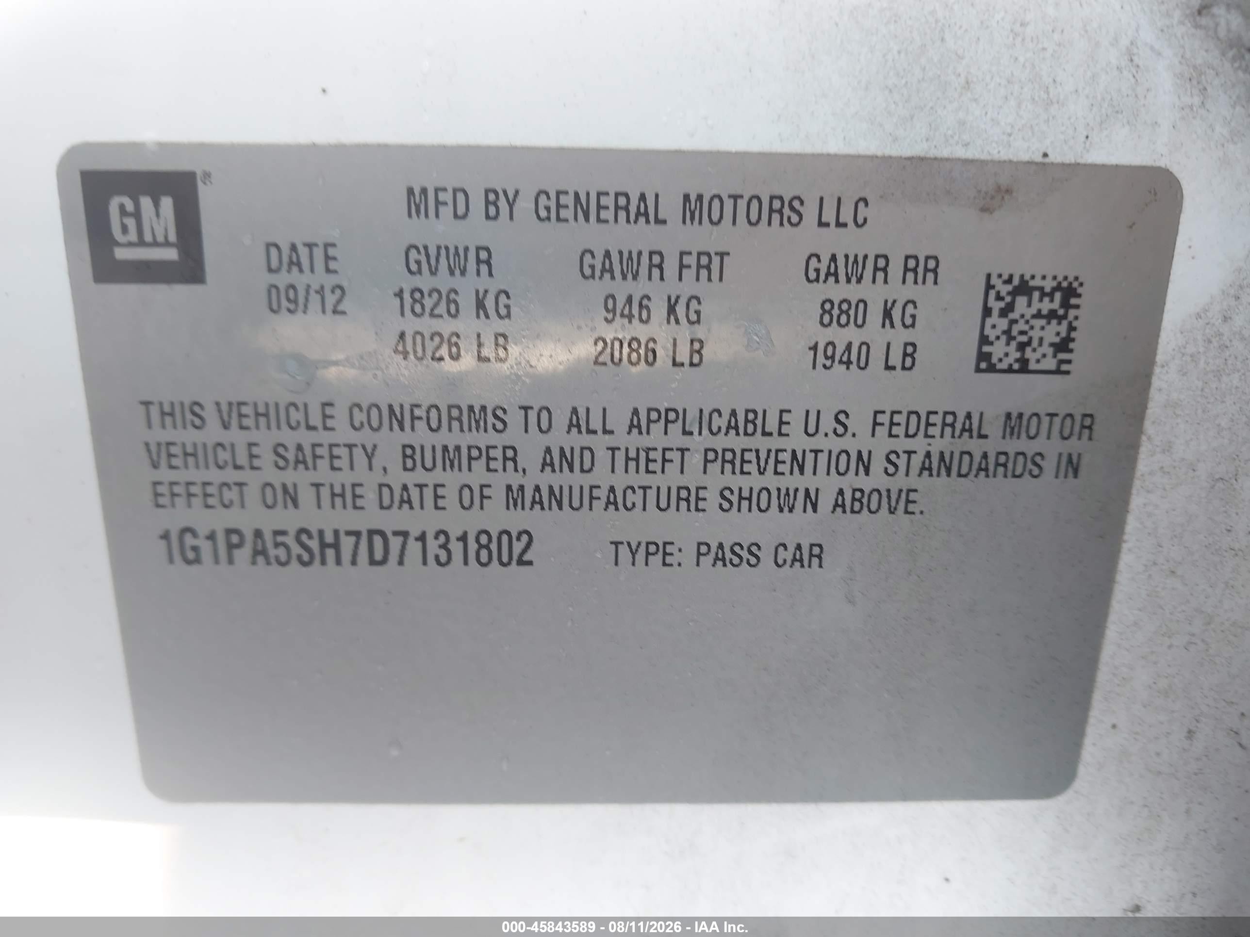 2013 Chevrolet Cruze Ls Auto White vin: 1G1PA5SH7D7131802