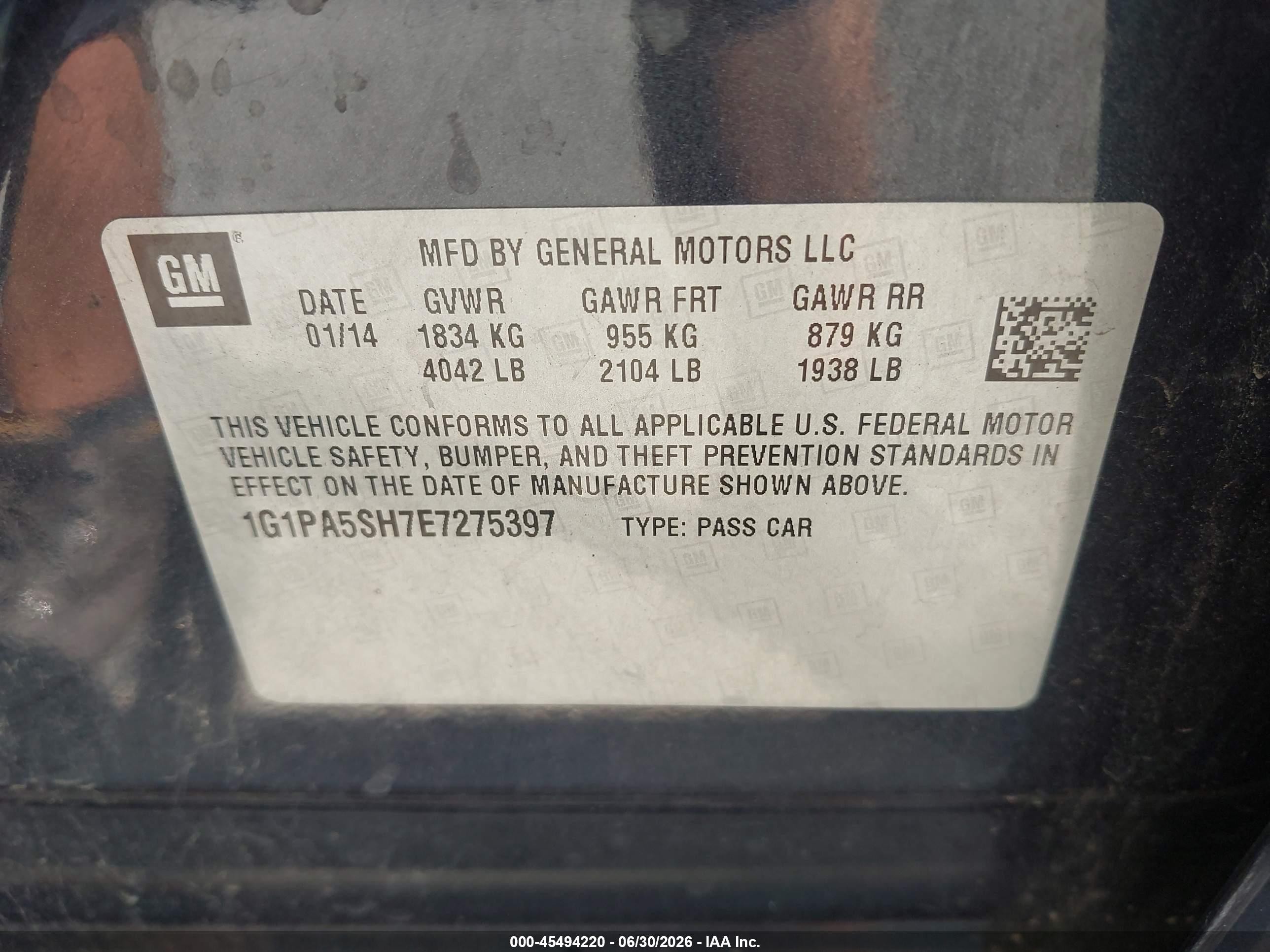 2014 Chevrolet Cruze Ls Auto Black vin: 1G1PA5SH7E7275397
