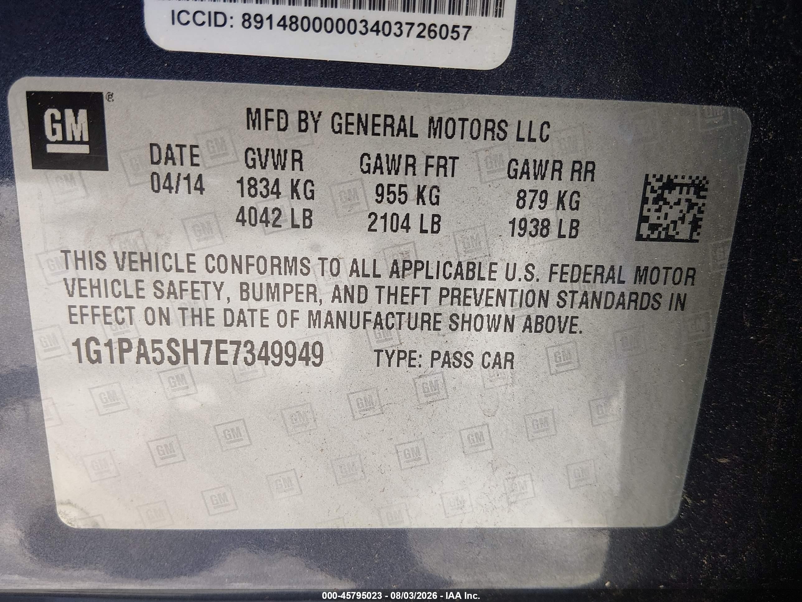 2014 Chevrolet Cruze Ls Auto Blue vin: 1G1PA5SH7E7349949