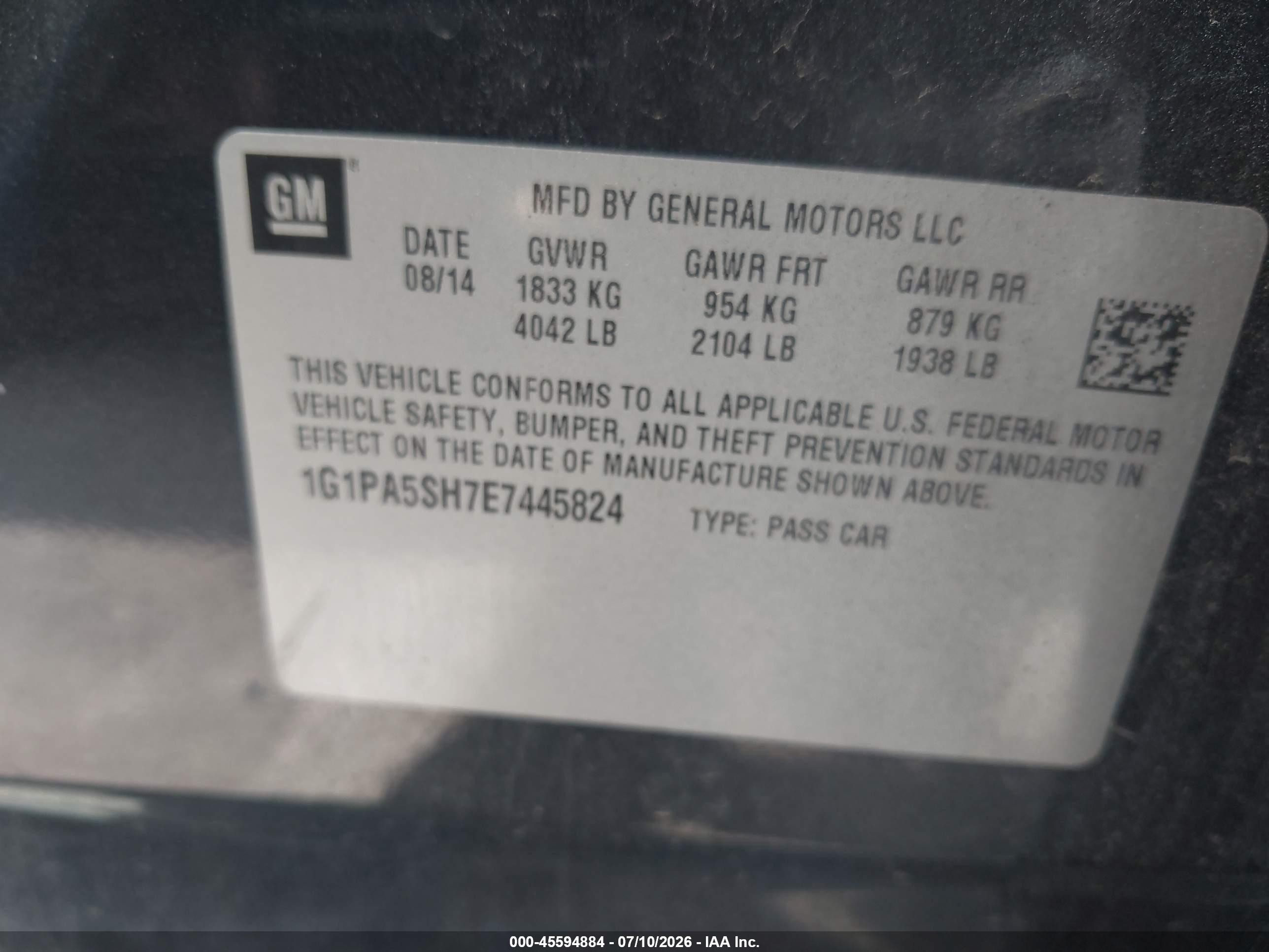 2014 Chevrolet Cruze Ls Auto Black vin: 1G1PA5SH7E7445824