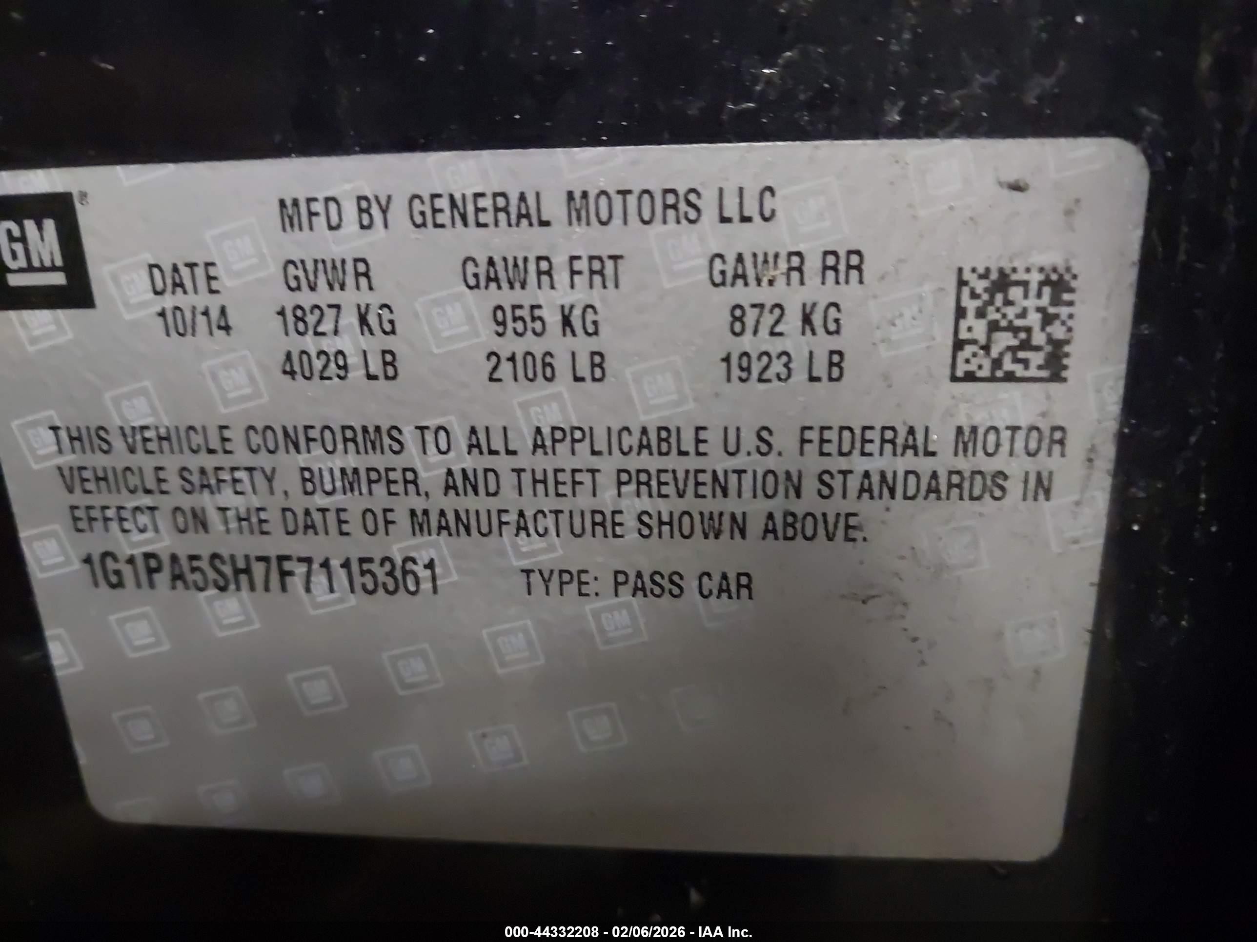 2015 Chevrolet Cruze Ls Auto Black vin: 1G1PA5SH7F7115361