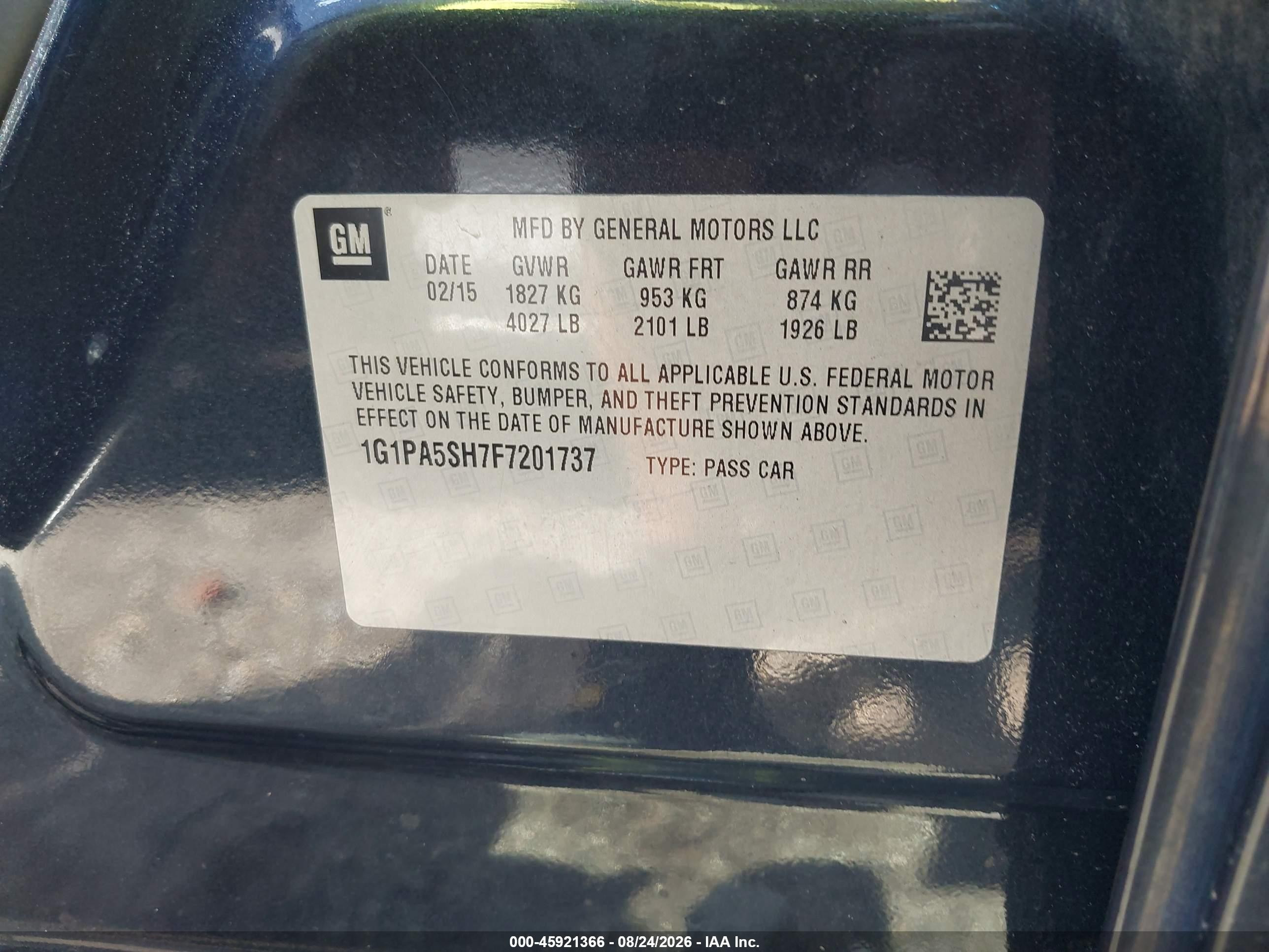 2015 Chevrolet Cruze Ls Auto Blue vin: 1G1PA5SH7F7201737