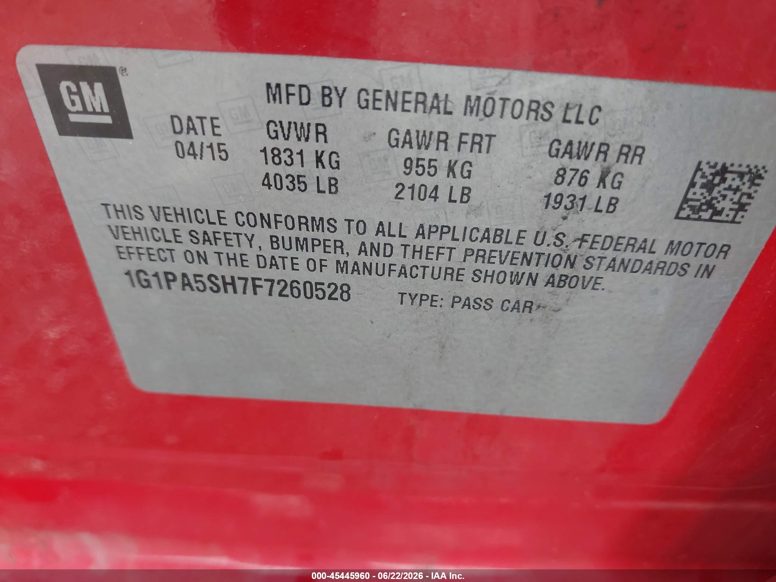 2015 Chevrolet Cruze Ls Auto Red vin: 1G1PA5SH7F7260528