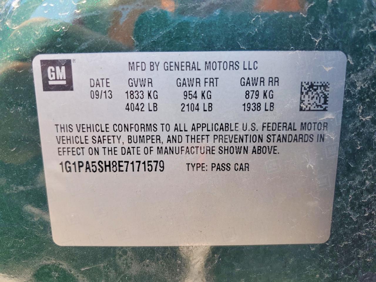2014 Chevrolet Cruze Ls Green vin: 1G1PA5SH8E7171579
