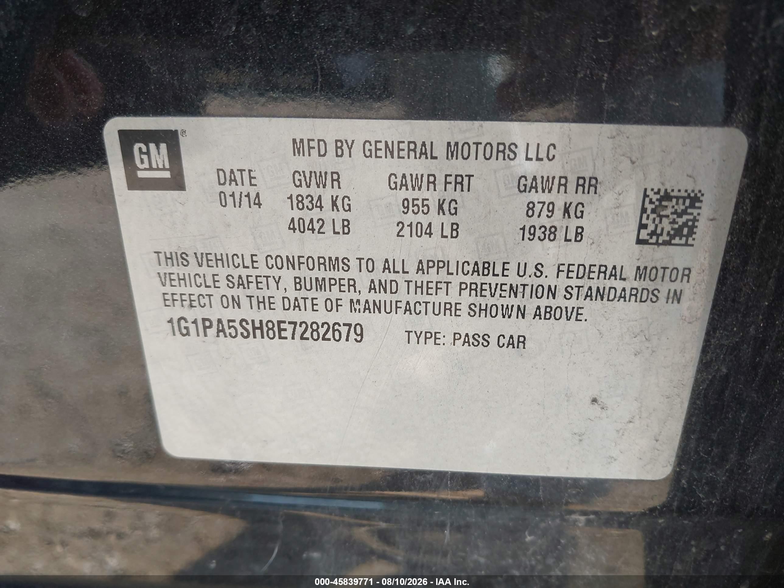 2014 Chevrolet Cruze Ls Auto Черный vin: 1G1PA5SH8E7282679