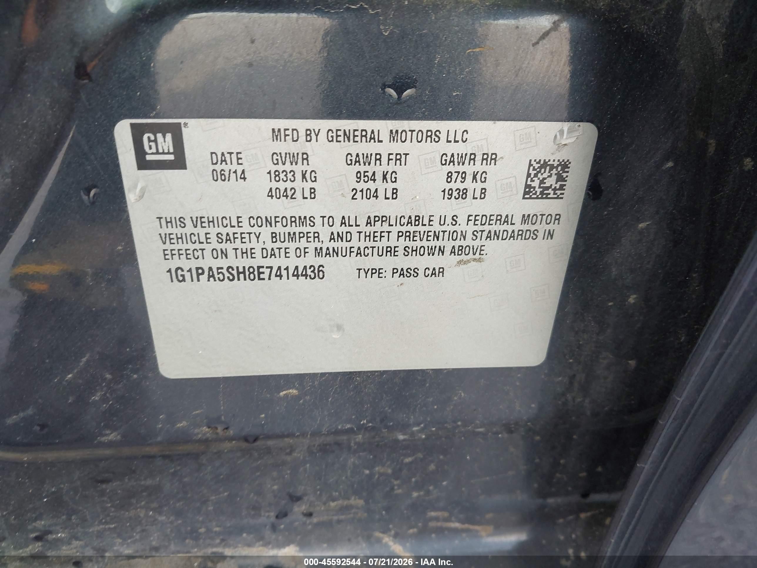 2014 Chevrolet Cruze Ls Auto Синий vin: 1G1PA5SH8E7414436