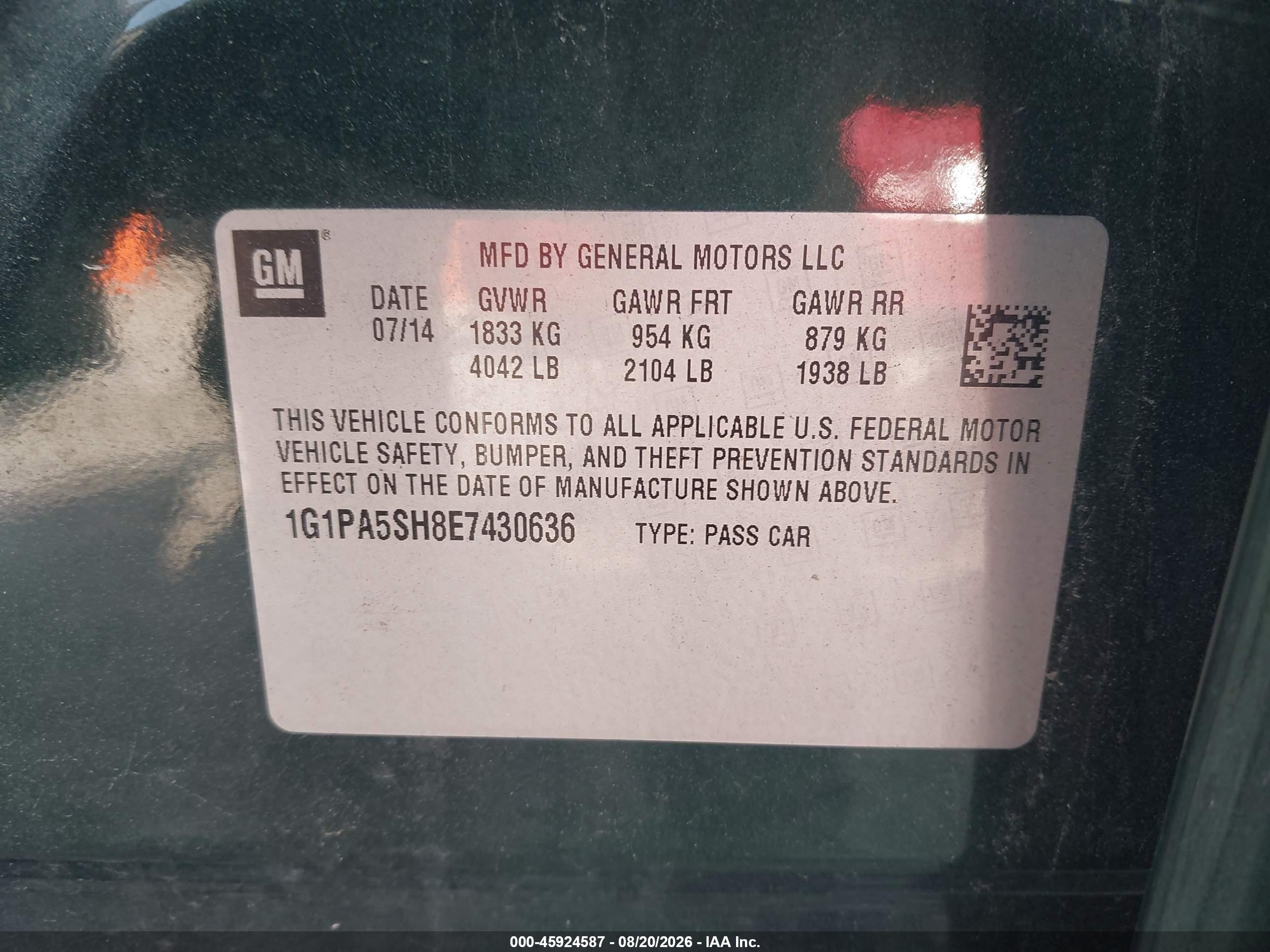 2014 Chevrolet Cruze Ls Auto Зеленый vin: 1G1PA5SH8E7430636