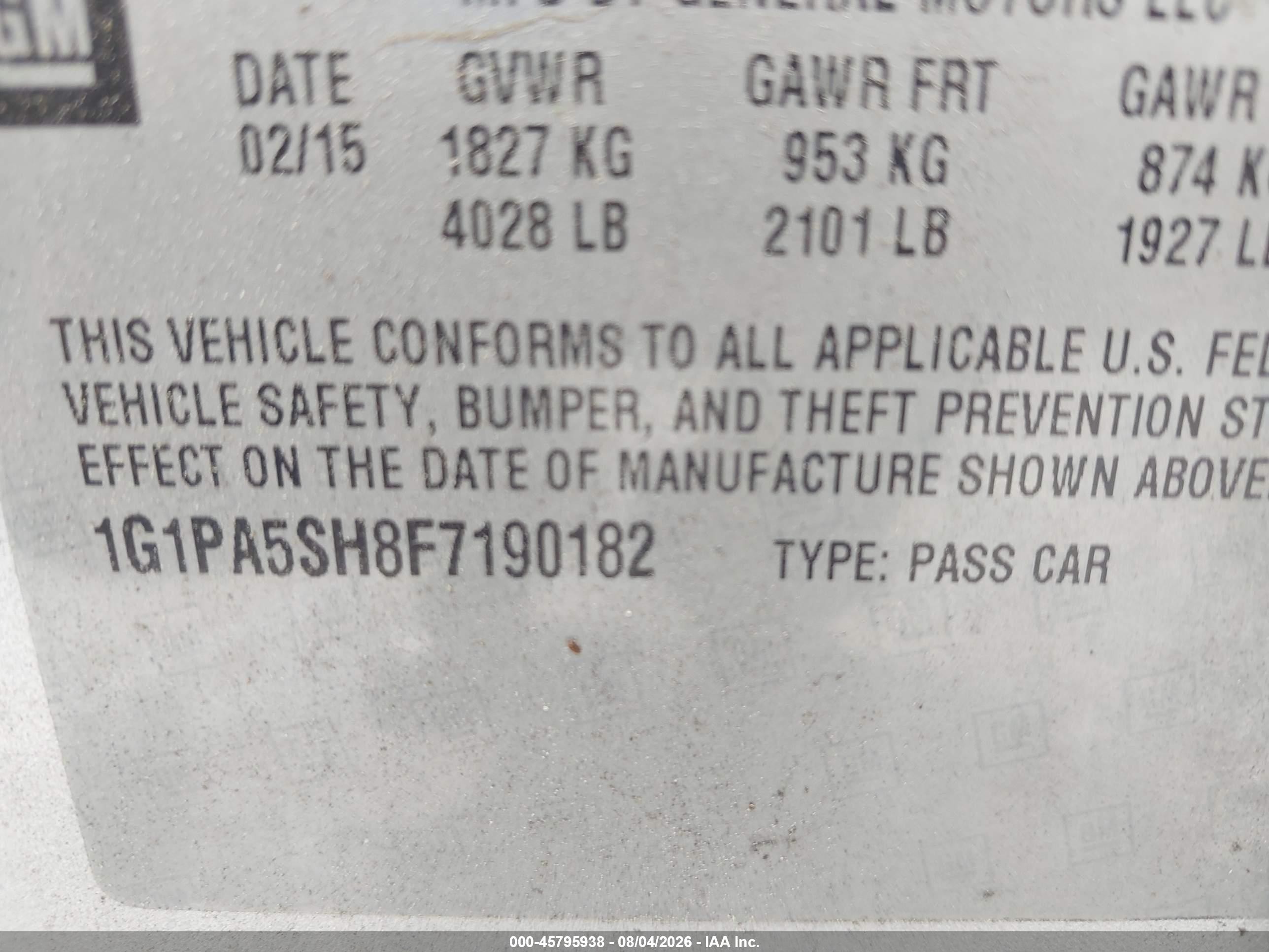 2015 Chevrolet Cruze Ls Auto Серебряный vin: 1G1PA5SH8F7190182