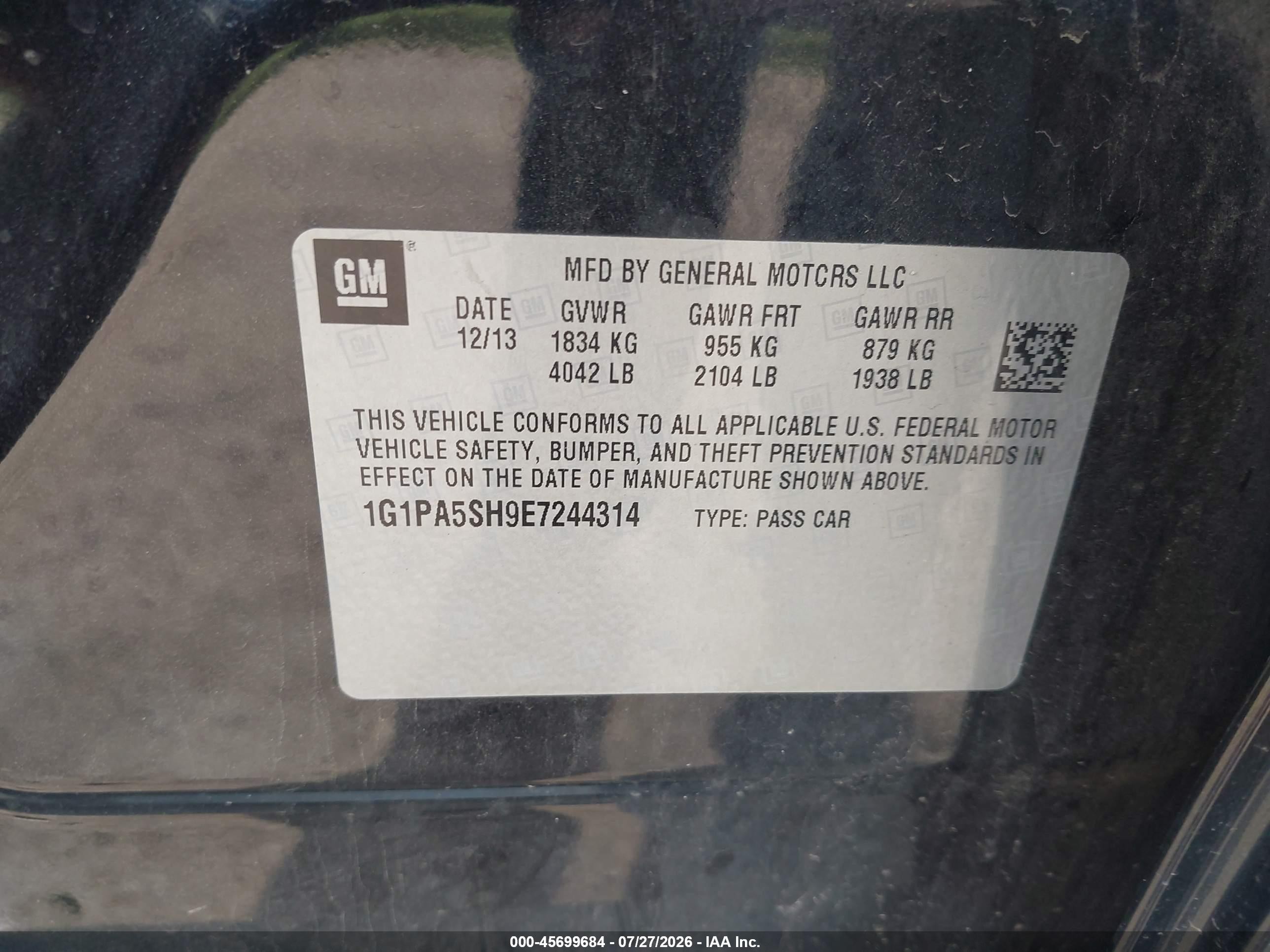 2014 Chevrolet Cruze Ls Auto Dark Blue vin: 1G1PA5SH9E7244314