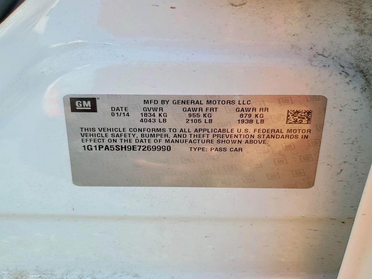 2014 Chevrolet Cruze Ls White vin: 1G1PA5SH9E7269990