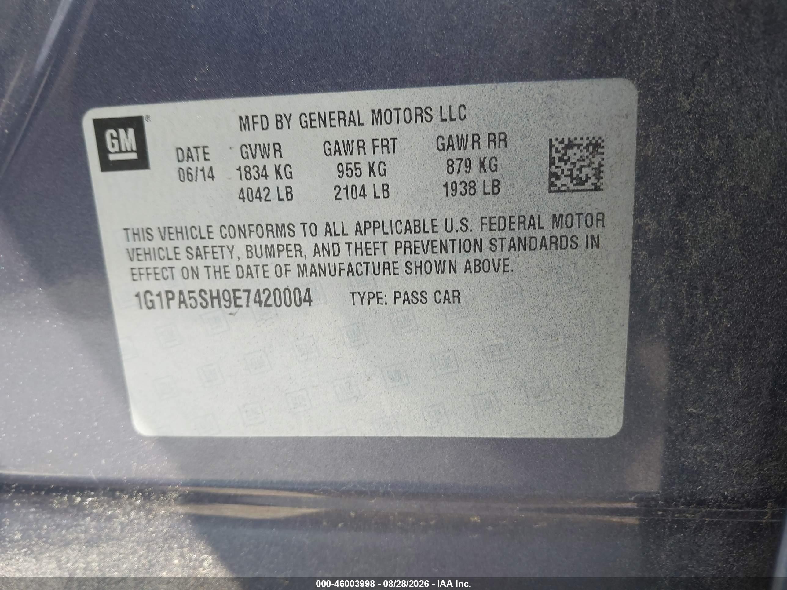 2014 Chevrolet Cruze Ls Auto Черный vin: 1G1PA5SH9E7420004