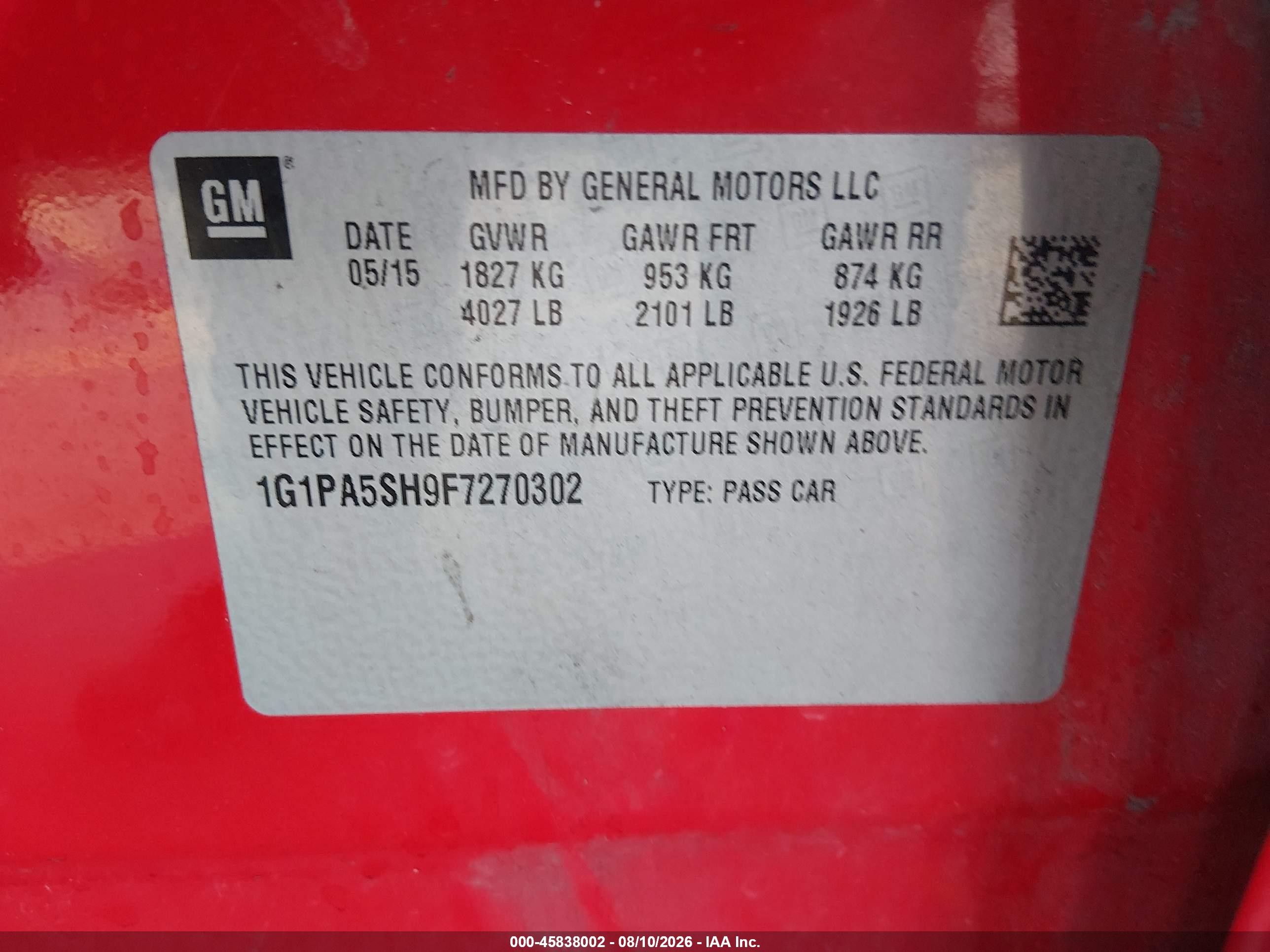 2015 Chevrolet Cruze Ls Auto Red vin: 1G1PA5SH9F7270302