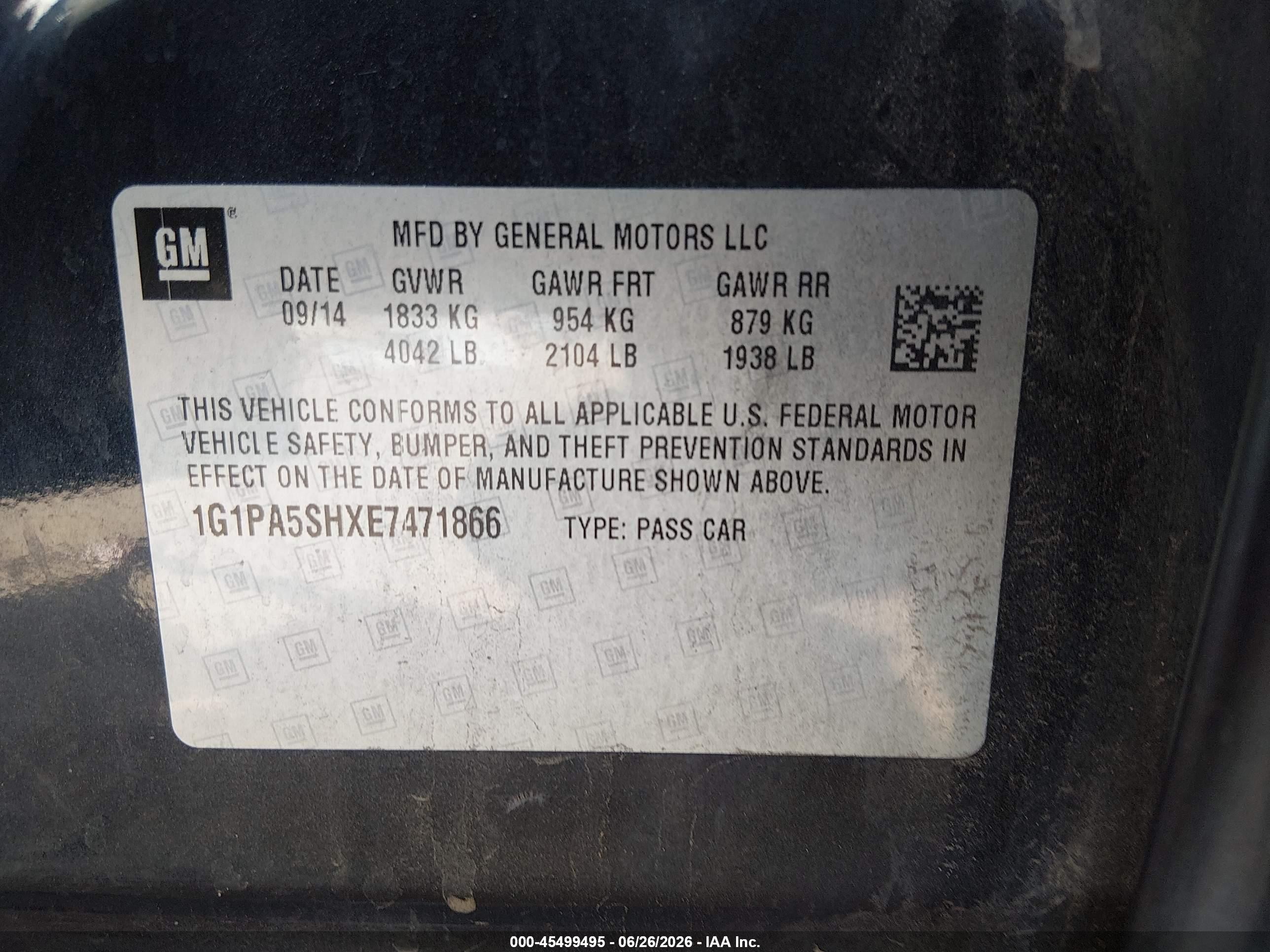 2014 Chevrolet Cruze Ls Auto Dark Blue vin: 1G1PA5SHXE7471866