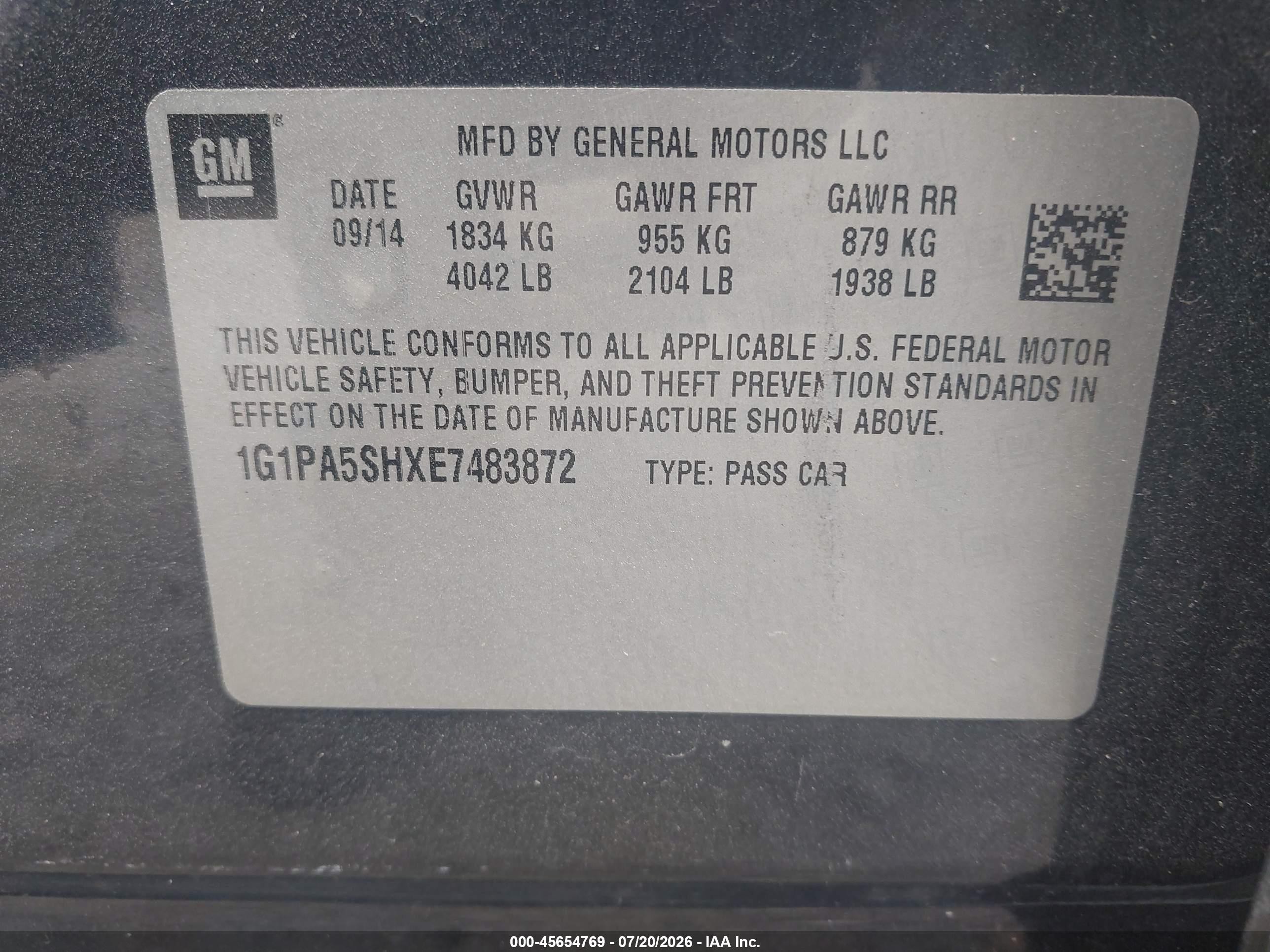 2014 Chevrolet Cruze Ls Auto Black vin: 1G1PA5SHXE7483872