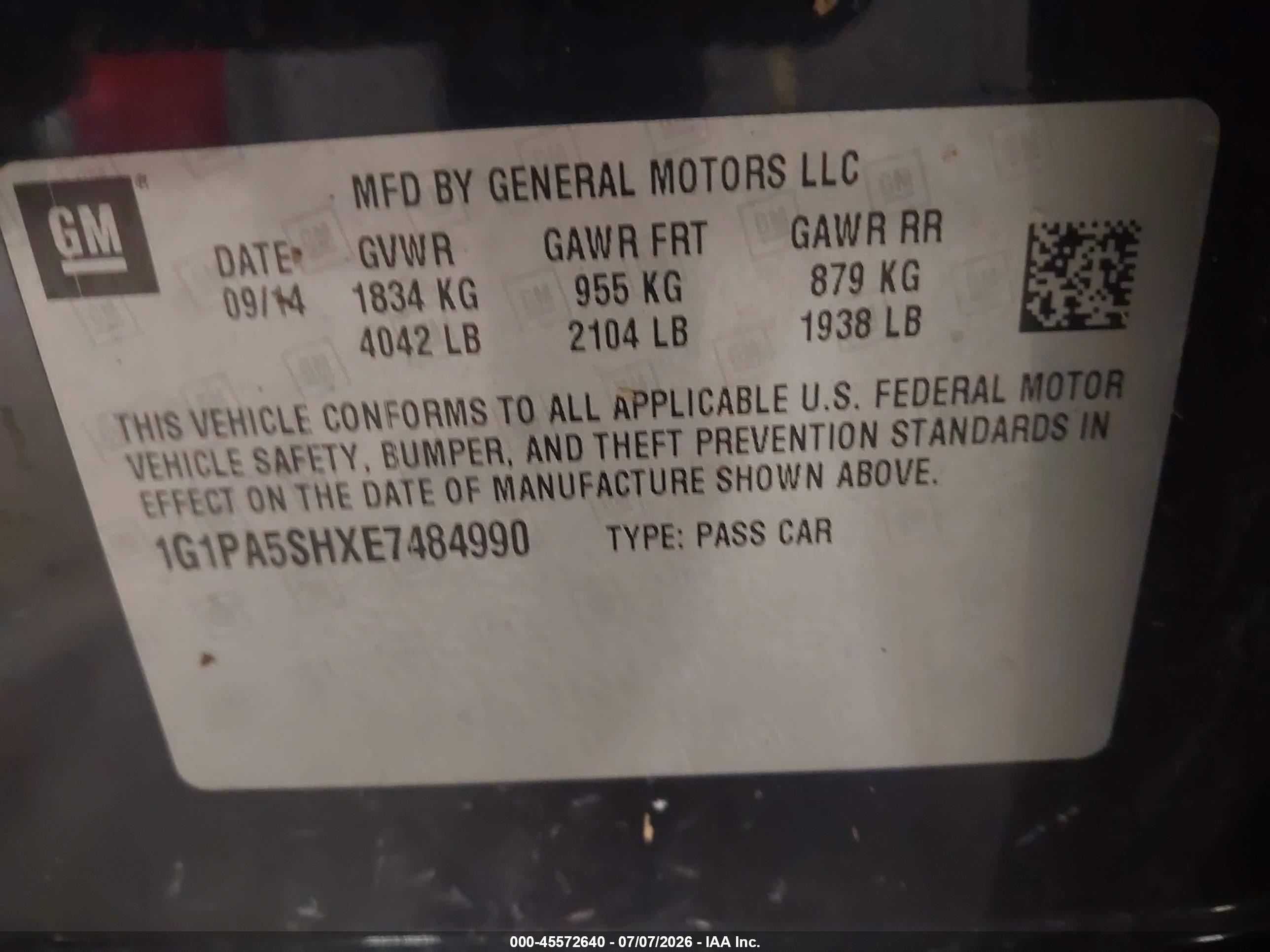 2014 Chevrolet Cruze Ls Auto Blue vin: 1G1PA5SHXE7484990