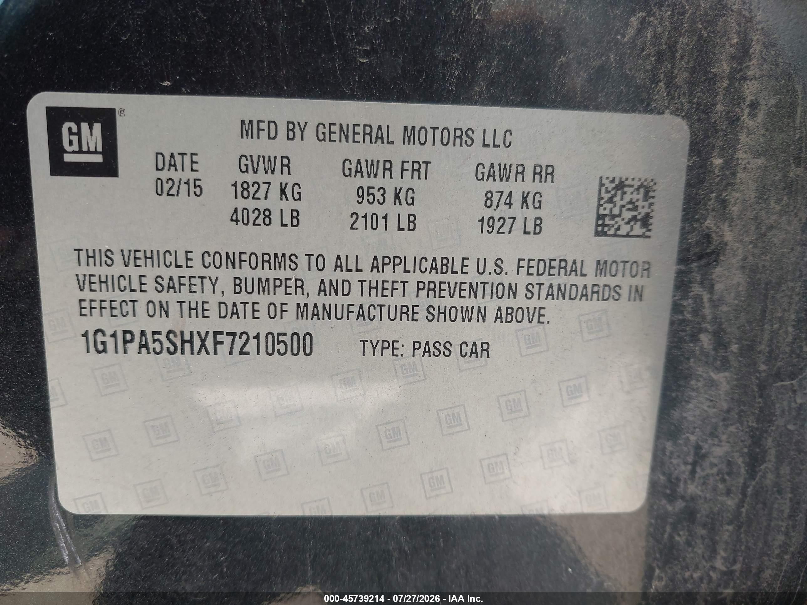 2015 Chevrolet Cruze Ls Auto Black vin: 1G1PA5SHXF7210500