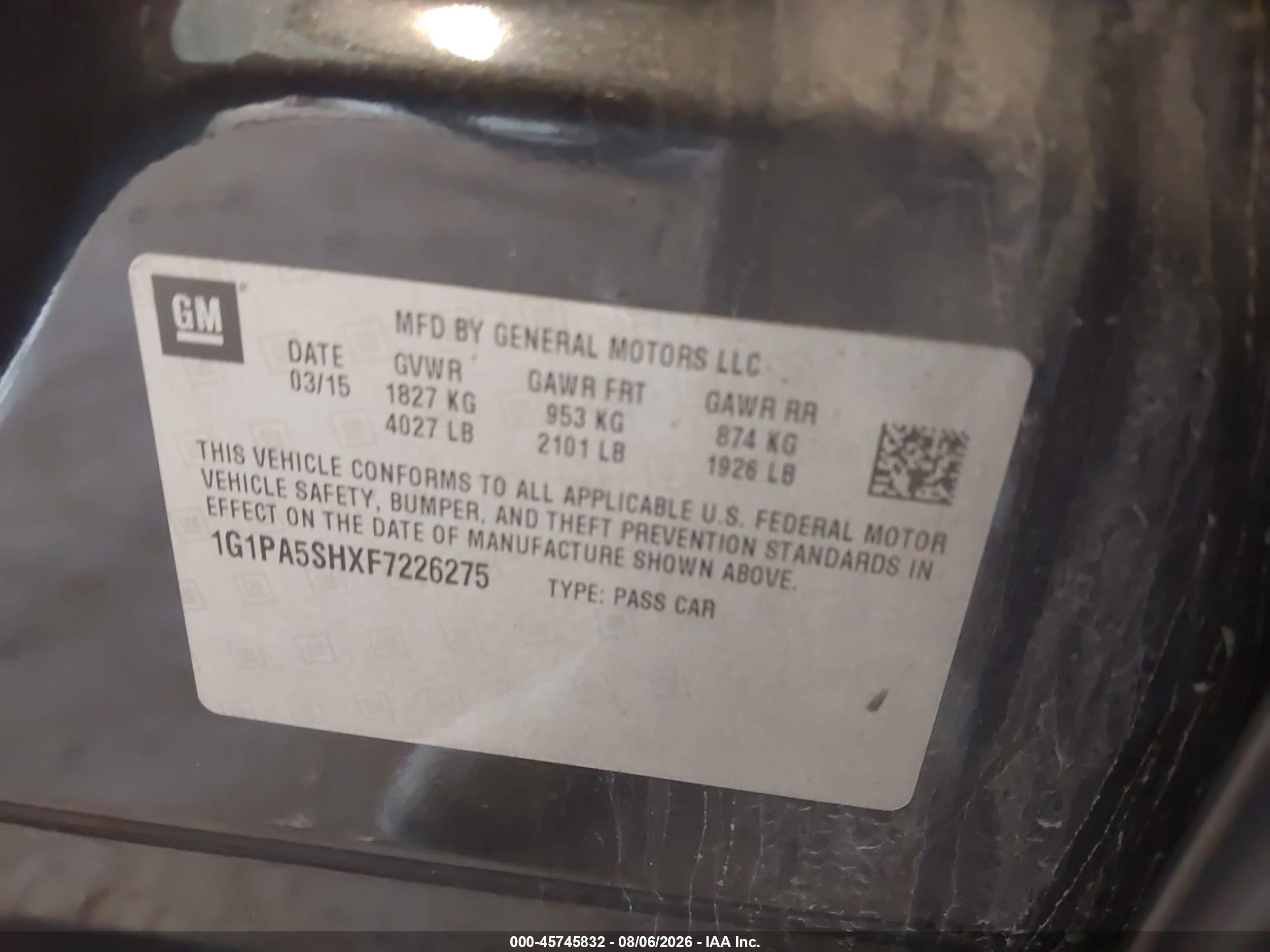 2015 Chevrolet Cruze Ls Auto Blue vin: 1G1PA5SHXF7226275