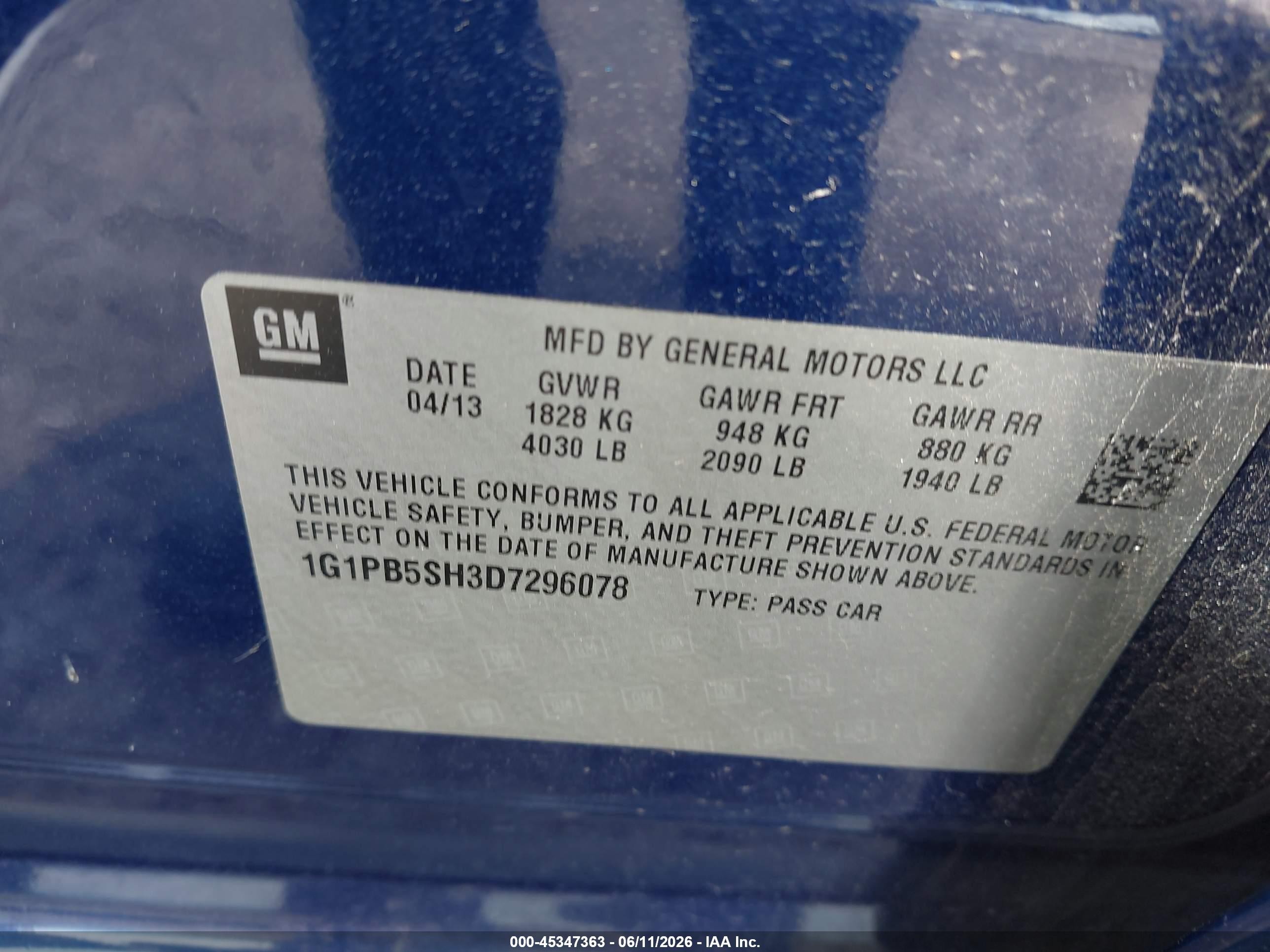 2013 Chevrolet Cruze Ls Manual Blue vin: 1G1PB5SH3D7296078